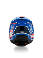 Alpinestars S-M3 Youth Wurx Helmet ECE 22.06, Motocross Helmet, Blue Red and White, Rear view showing aerodynamic design with exhaust vents, glossy finish with sharp graphic accents and safety certification sticker.
