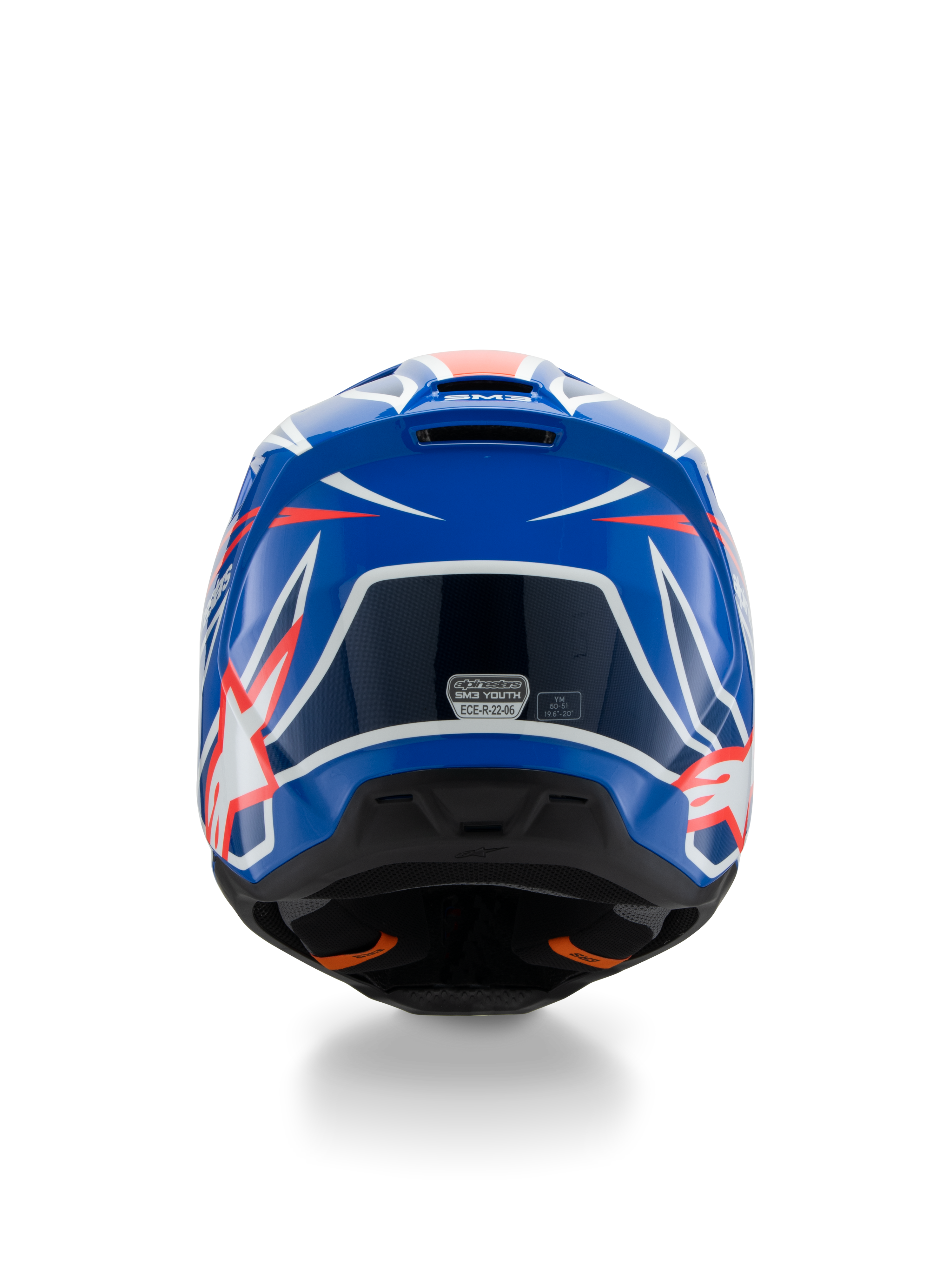 Alpinestars S-M3 Youth Wurx Helmet ECE 22.06, Motocross Helmet, Blue Red and White, Rear view showing aerodynamic design with exhaust vents, glossy finish with sharp graphic accents and safety certification sticker.