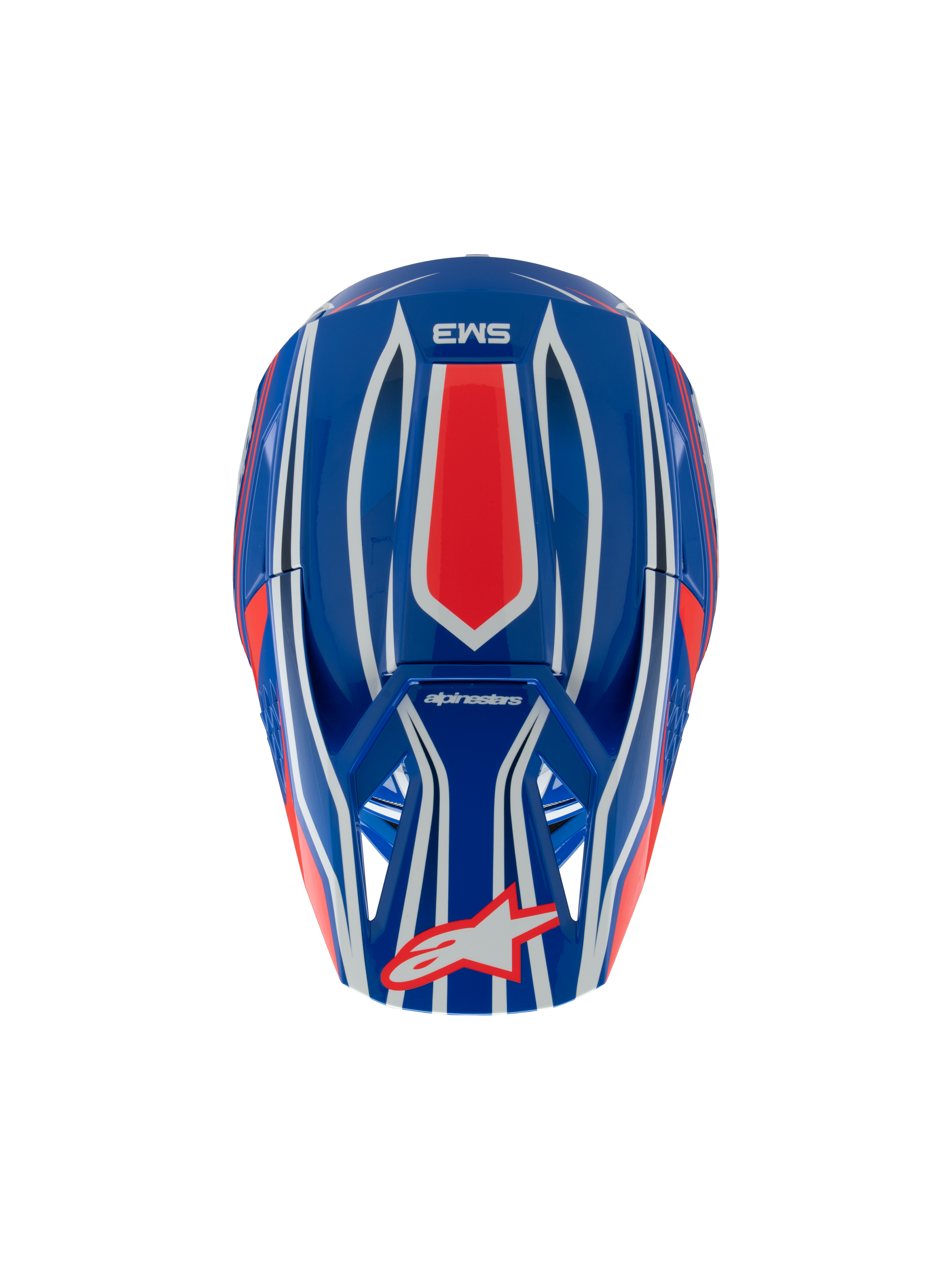 Alpinestars S-M3 Youth Wurx Helmet, Motocross Helmet, Blue Red White and Black Glossy, top-down view showing red and white graphic patterns, Alpinestars logo on the visor, specialized youth off-road head protection.