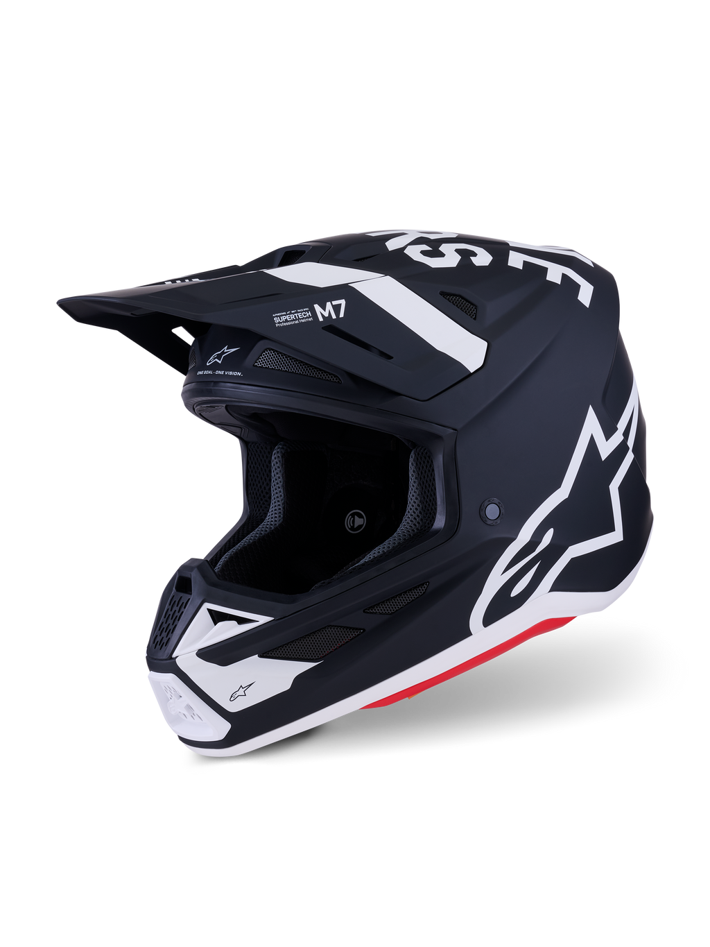 Kask Alpinestars S-M7 Dasher, kask motocrossowy, czarny i biały mat z czerwonymi akcentami, z wyrazistymi białymi logotypami i grafikami Alpinestars, aerodynamiczna skorupa kompozytowa ze zintegrowanymi otworami wentylacyjnymi i ochronnym daszkiem.