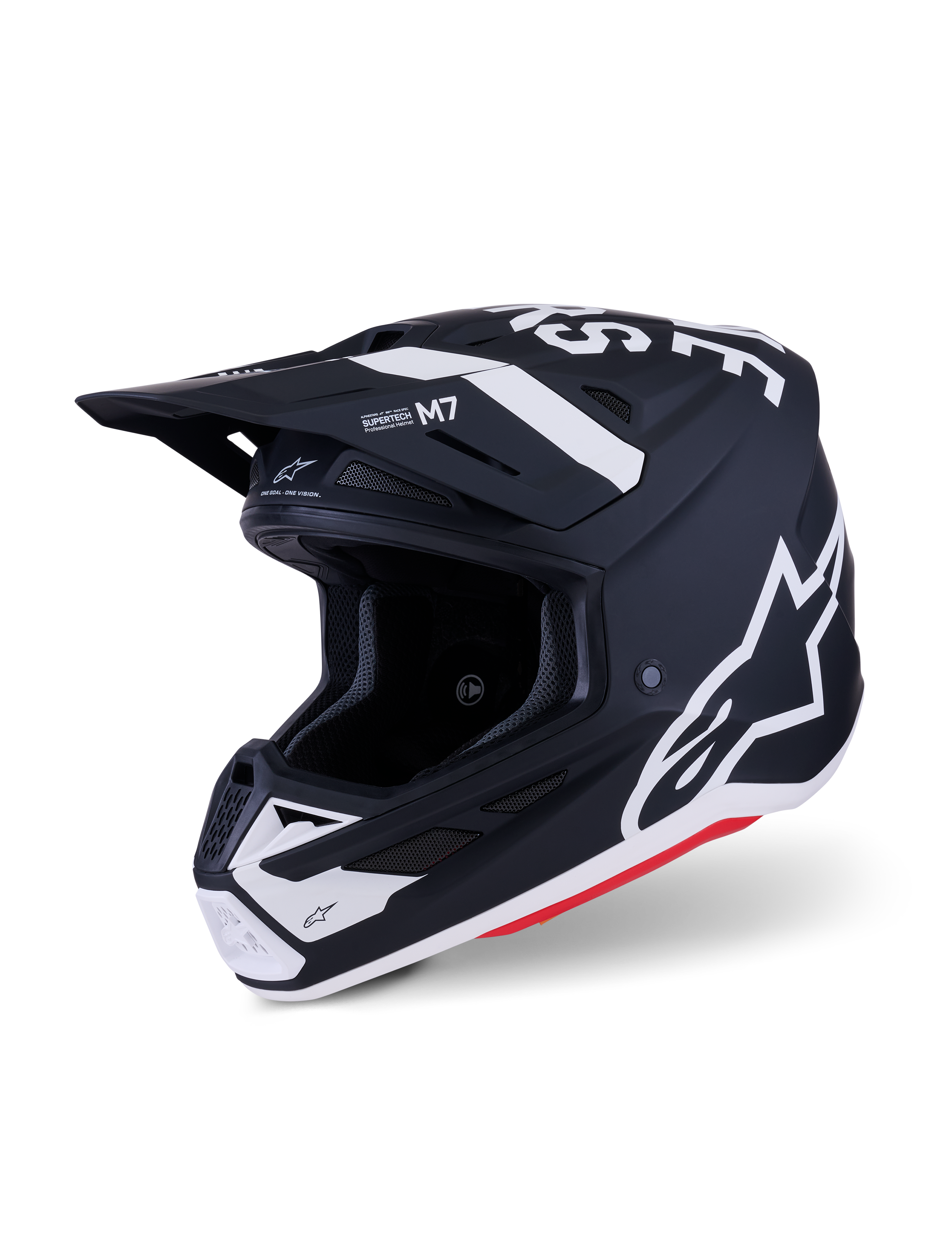 Kask Alpinestars S-M7 Dasher, kask motocrossowy, czarny i biały mat z czerwonymi akcentami, z wyrazistymi białymi logotypami i grafikami Alpinestars, aerodynamiczna skorupa kompozytowa ze zintegrowanymi otworami wentylacyjnymi i ochronnym daszkiem.