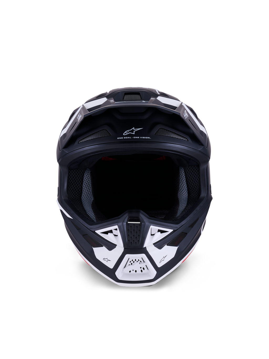 Kask Alpinestars S-M7 Dasher ECE 22.06, kask motocrossowy, matowy czarno-biały, widok z przodu ukazujący otwory wentylacyjne i geometryczne grafiki, zawiera napis „ONE GOAL – ONE VISION”, profesjonalna ochrona do wyścigów off-road