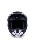 Kask Alpinestars S-M7 Dasher ECE 22.06, kask motocrossowy, matowy czarno-biały, widok z przodu ukazujący otwory wentylacyjne i geometryczne grafiki, zawiera napis „ONE GOAL – ONE VISION”, profesjonalna ochrona do wyścigów off-road