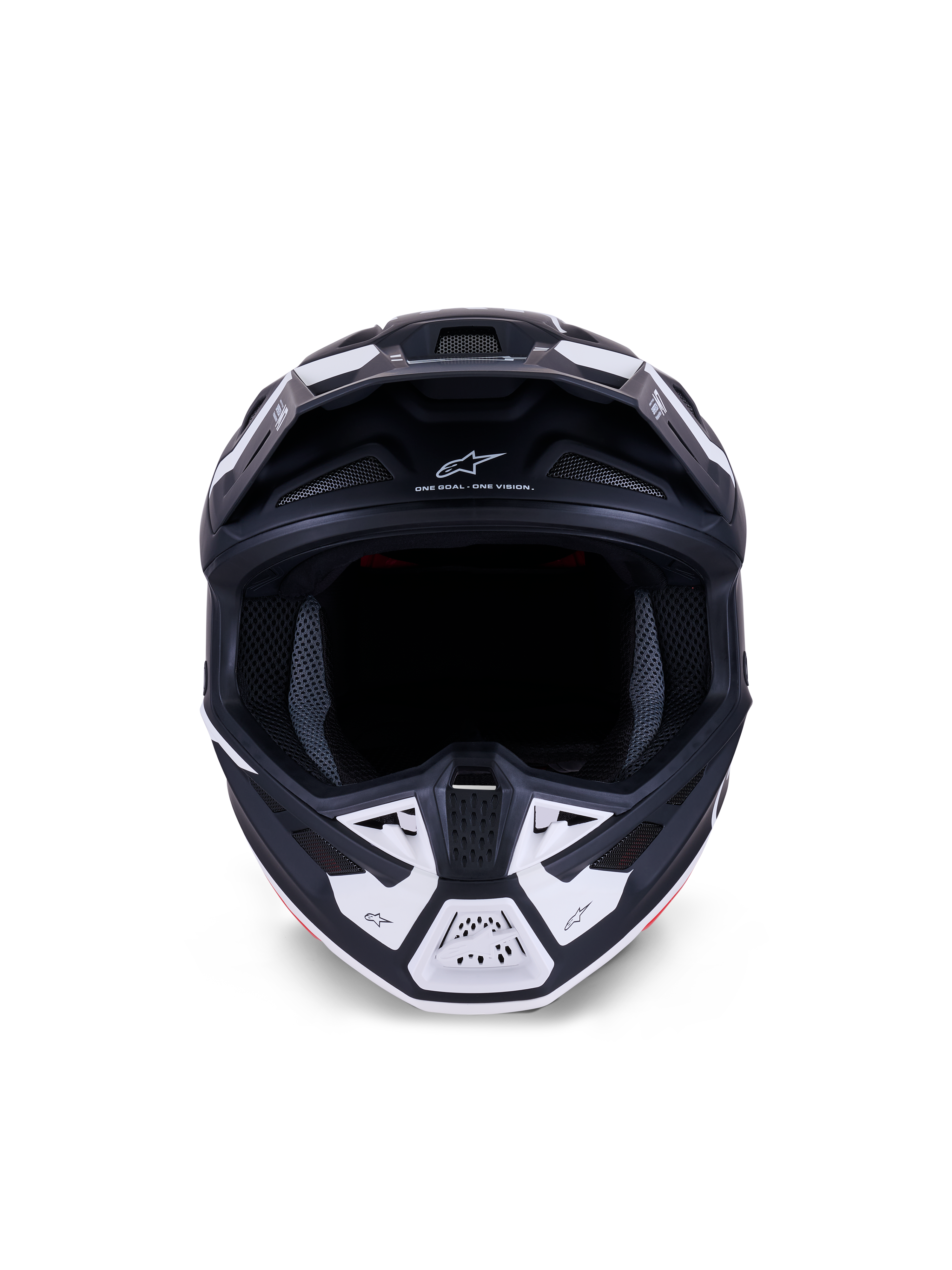 Kask Alpinestars S-M7 Dasher ECE 22.06, kask motocrossowy, matowy czarno-biały, widok z przodu ukazujący otwory wentylacyjne i geometryczne grafiki, zawiera napis „ONE GOAL – ONE VISION”, profesjonalna ochrona do wyścigów off-road