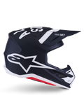 Alpinestars S-M7 Dasher Helmet, kask motocrossowy, czarny matowy z białymi i czerwonymi akcentami, duże białe logo gwiazdy na boku, aerodynamiczny daszek i otwory wentylacyjne, matowe wykończenie, certyfikat ECE 22.06 do wyścigów off-road