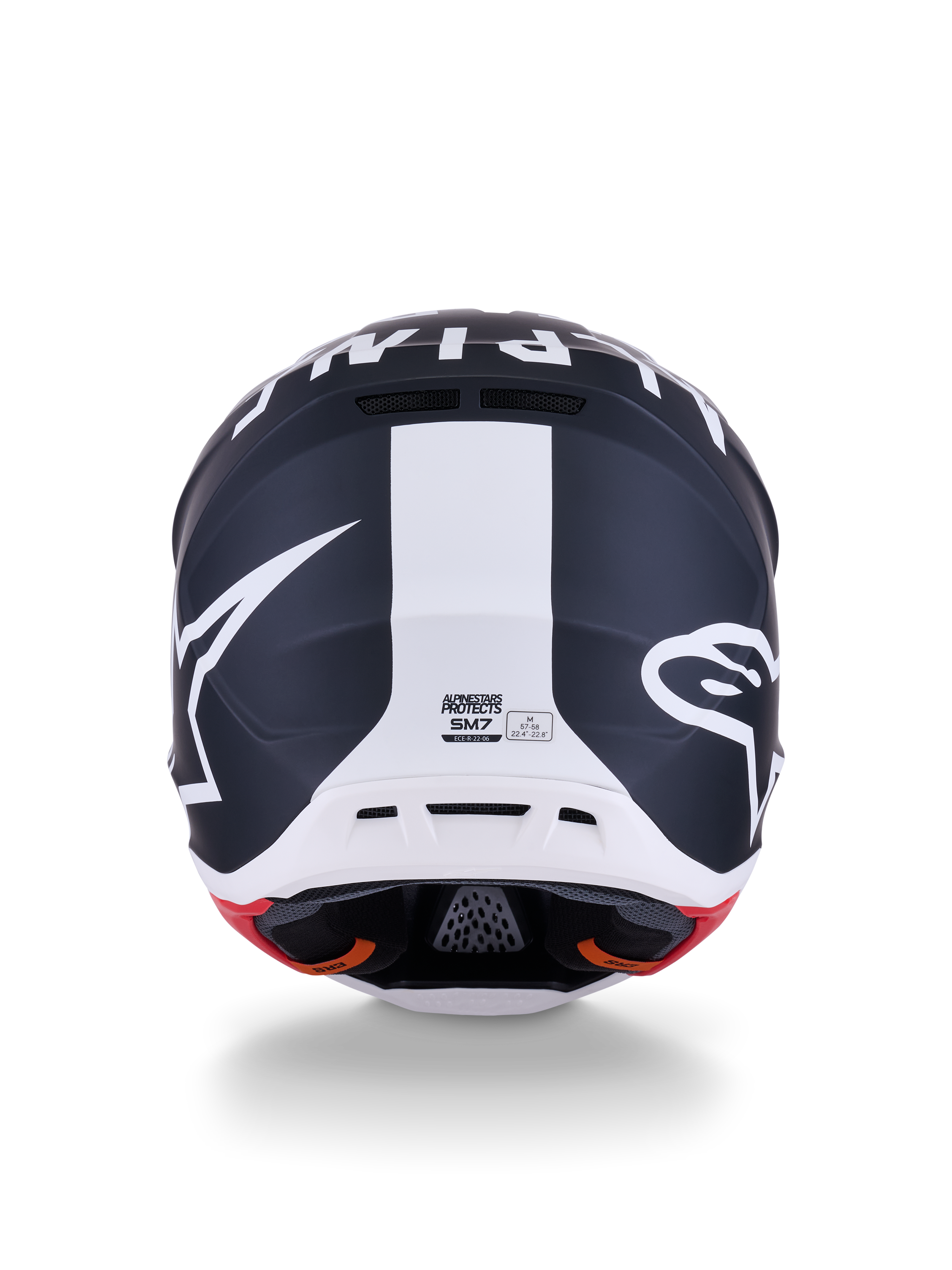 Kask Alpinestars S-M7 Dasher, kask motocrossowy, czarny matowy i biały z czerwonymi akcentami, widok z tyłu z wyraźnym logo gwiazdy i centralnym białym pasem, aerodynamiczny design do wyścigów off-road