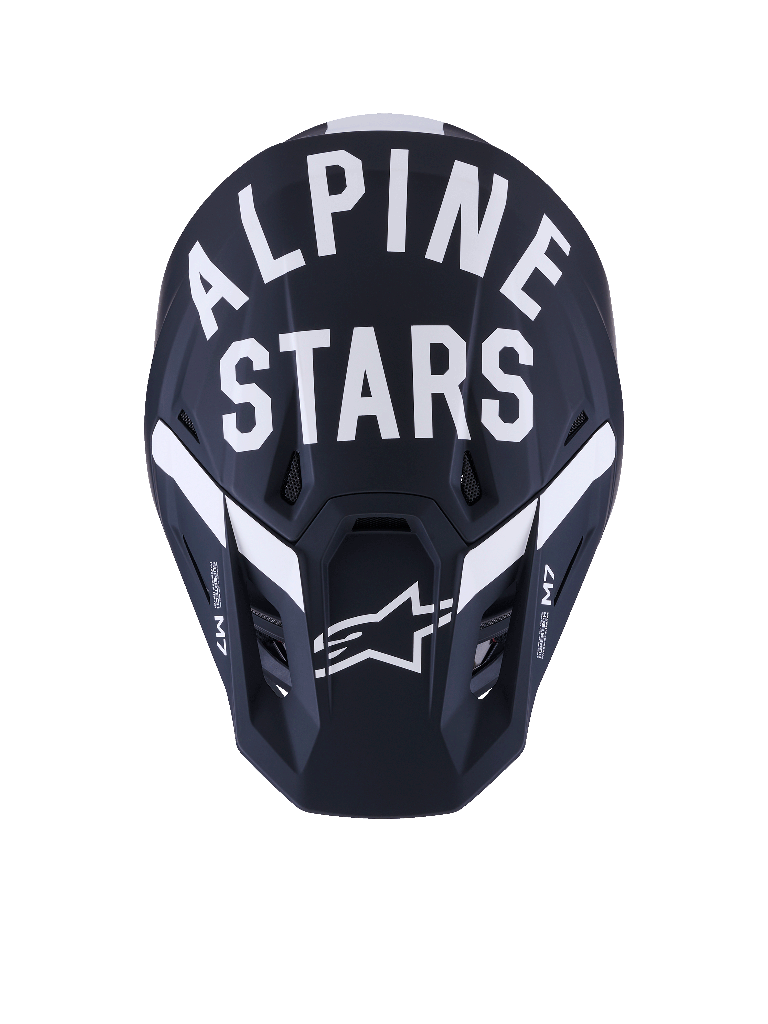 Kask Alpinestars S-M7 Dasher, kask motocrossowy, czarno-biały matowy, widok z przodu z wyraźnym białym napisem Alpinestars i logo z gwiazdą, kompozytowa skorupa z otworami wentylacyjnymi, profesjonalny sprzęt do wyścigów off-road