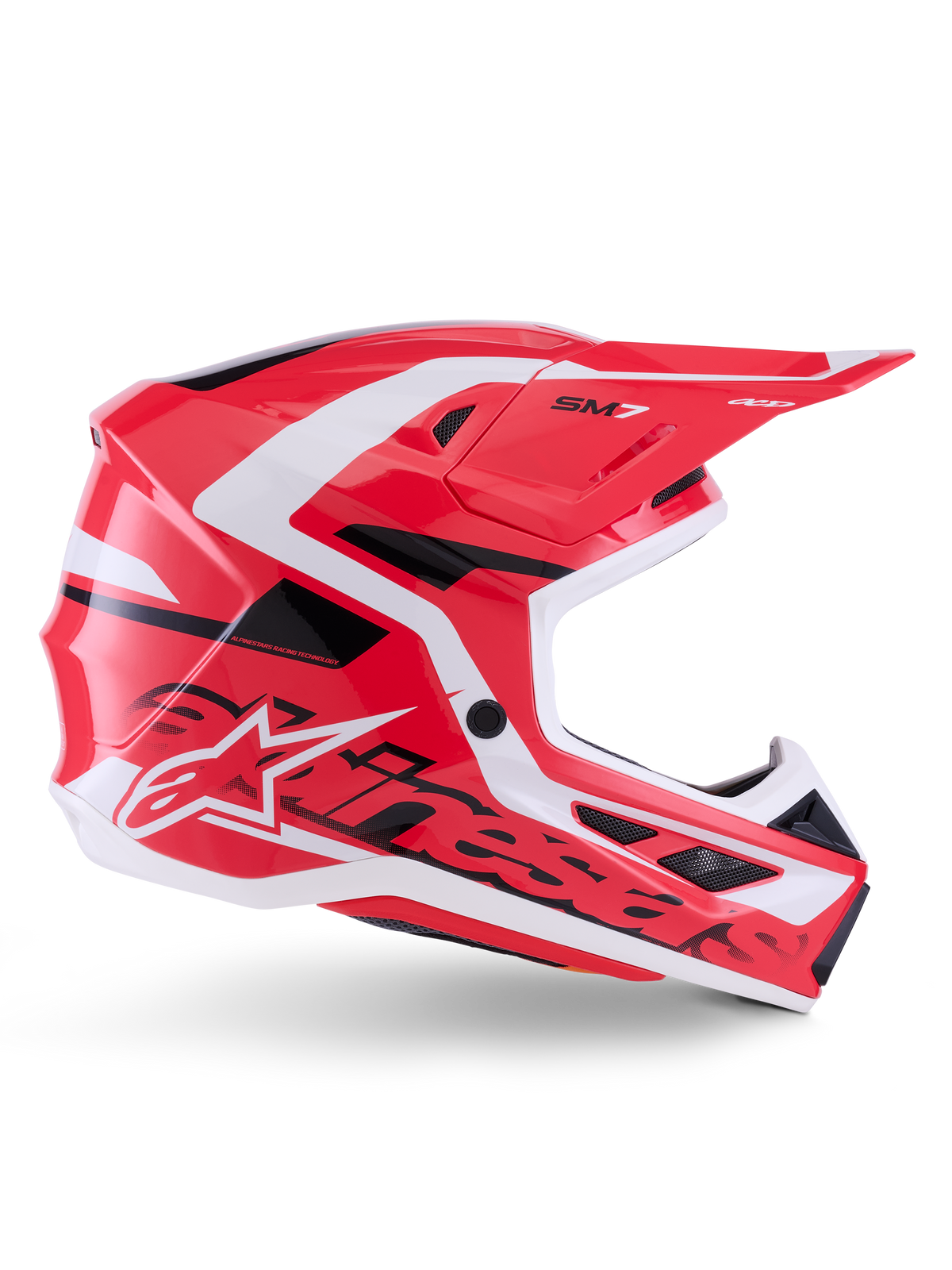 Kask Alpinestars S-M7 Deed, kask motocrossowy, czerwony, czarny i biały w połysku, widok z boku, z wyraźnym logo Alpinestars i logo SM7, aerodynamiczna skorupa kompozytowa z wieloma otworami wentylacyjnymi, zaprojektowany do wyścigów off-road i motocrossowych