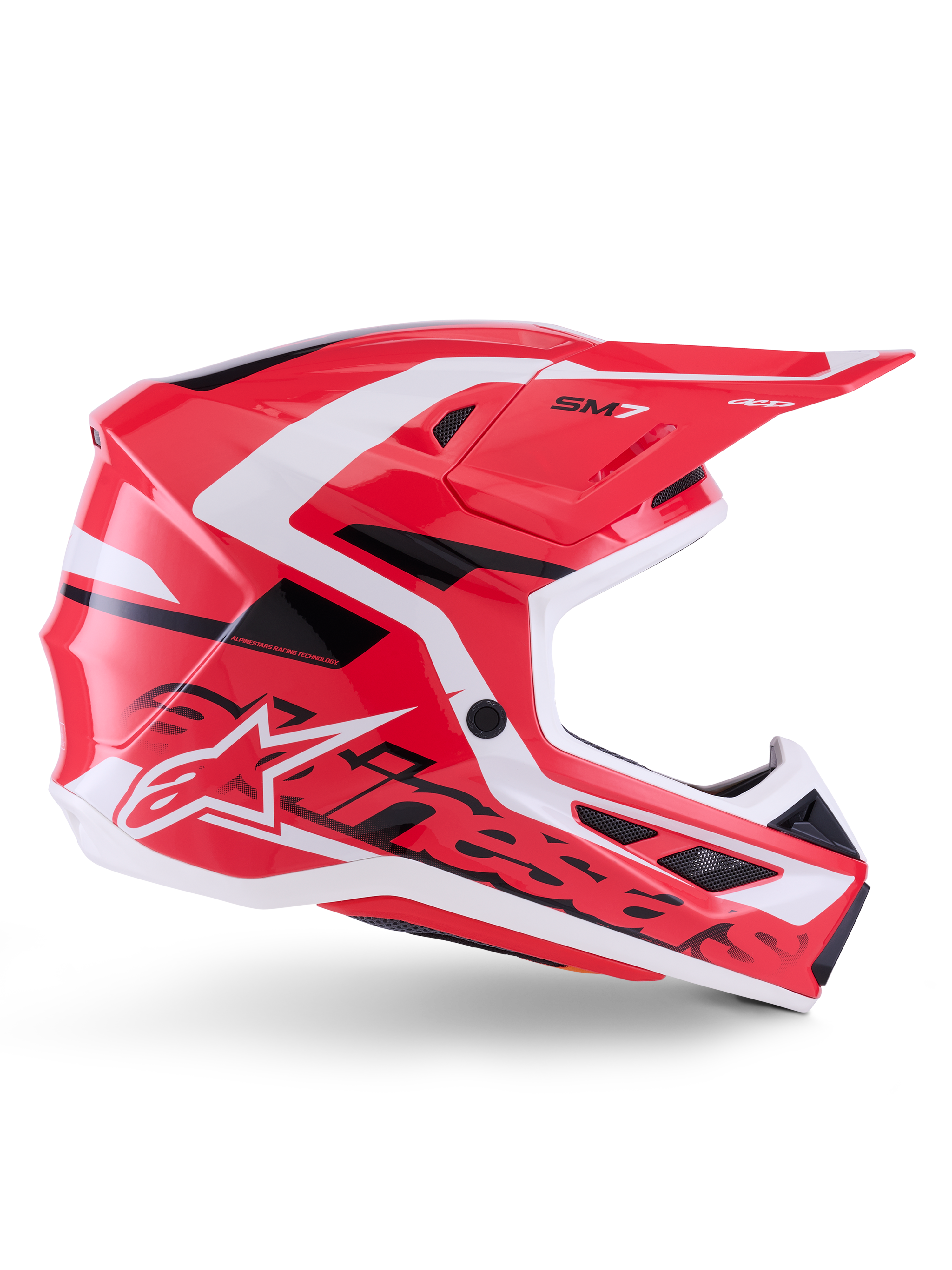 Kask Alpinestars S-M7 Deed, kask motocrossowy, czerwony, czarny i biały w połysku, widok z boku, z wyraźnym logo Alpinestars i logo SM7, aerodynamiczna skorupa kompozytowa z wieloma otworami wentylacyjnymi, zaprojektowany do wyścigów off-road i motocrossowych