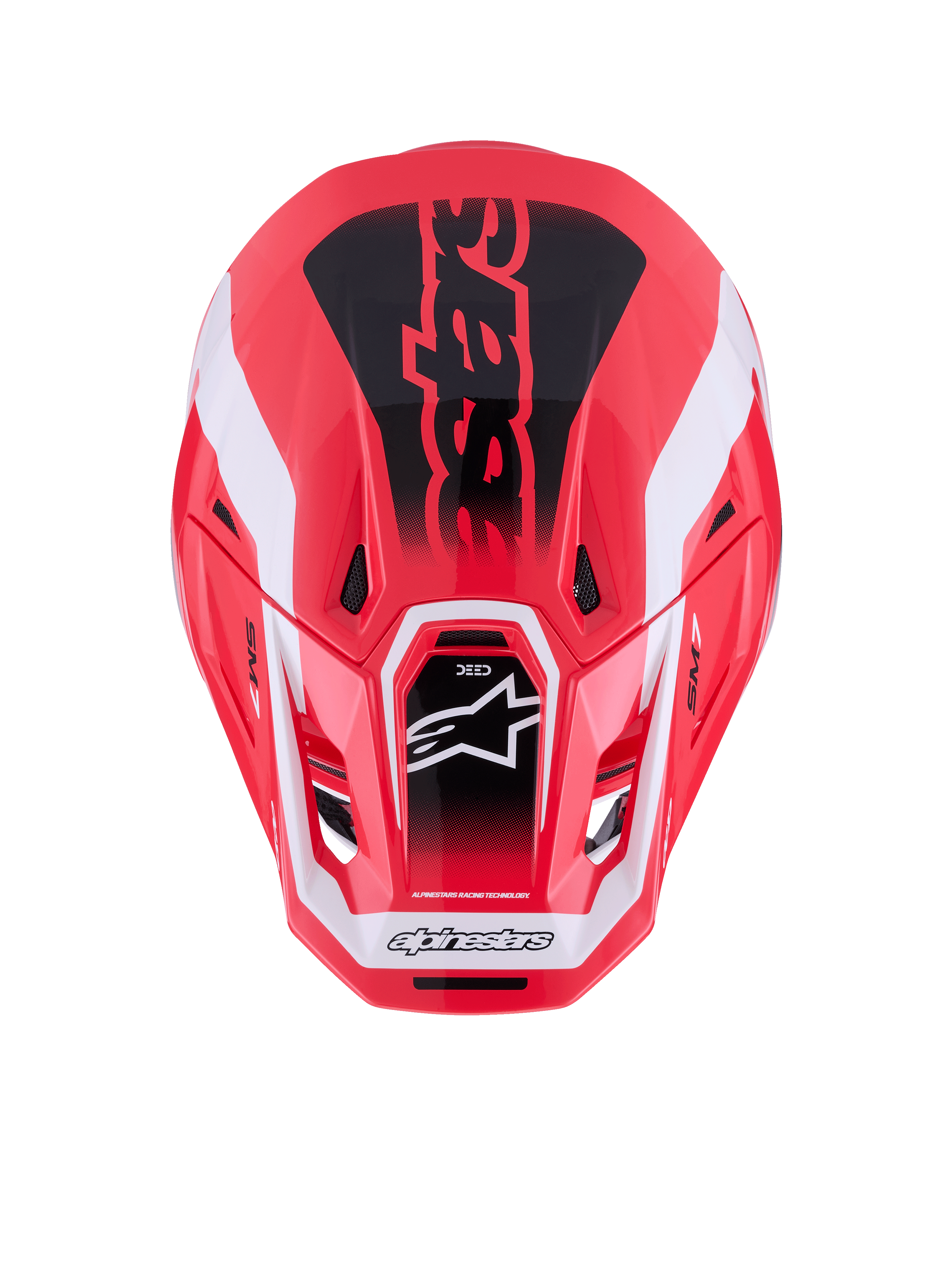Alpinestars S-M7 Deed Helmet, Motocross Helmet, Red Black and White Glossy, top-down view showing aerodynamic composite shell and ventilation ports, featuring Astars logo and bold branding, professional off-road racing gear