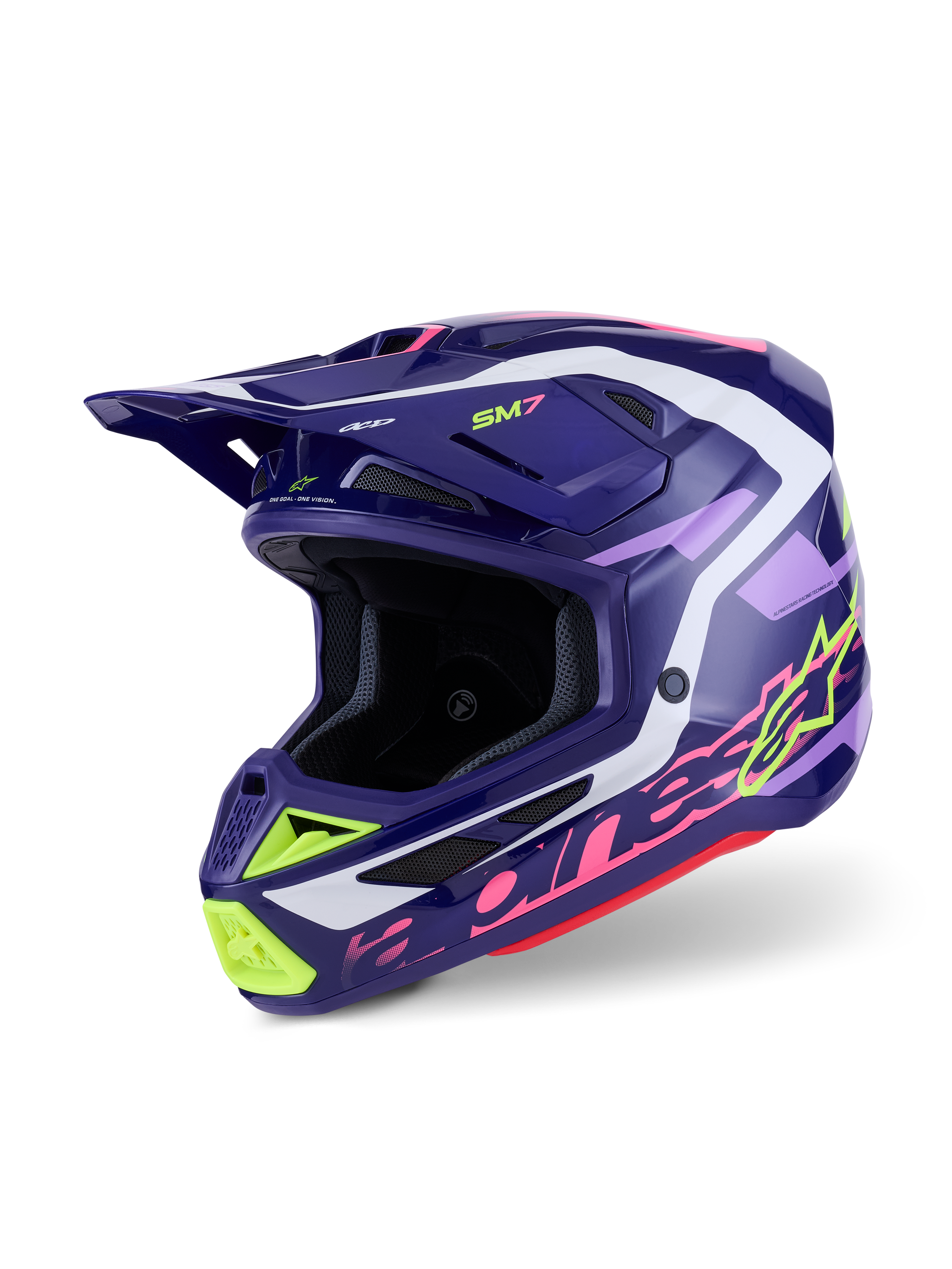 Alpinestars S-M7 Deed Helmet, Motocross Helmet, Purple Pink Glossy, dark purple base with neon yellow, pink, and white accents, aerodynamic design with integrated ventilation ports and a prominent peak visor, high-performance off-road head protector