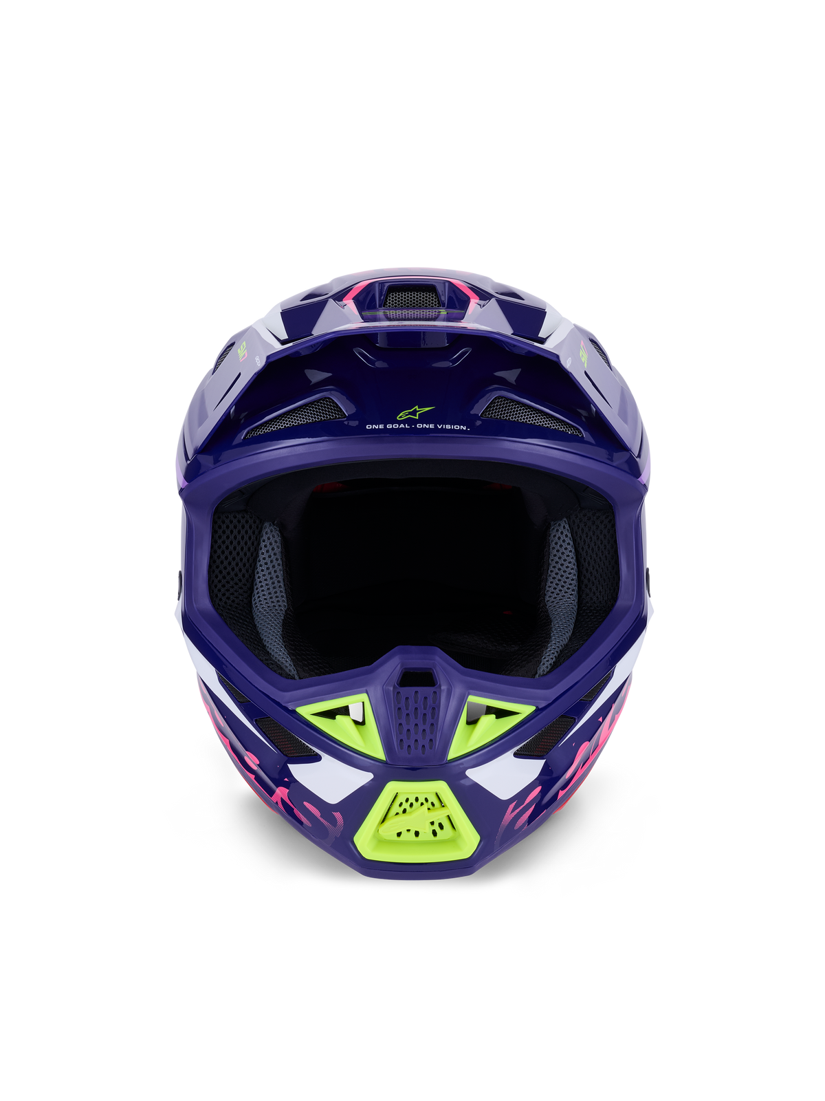 Alpinestars S-M7 Deed Helmet ECE 22.06, kask motocrossowy, fioletowo-różowy z połyskiem z limonkowymi i białymi akcentami, widok z przodu pokazujący szeroki otwór na gogle i system wentylacji, aerodynamiczna konstrukcja kompozytowej skorupy do wyścigów off-road.