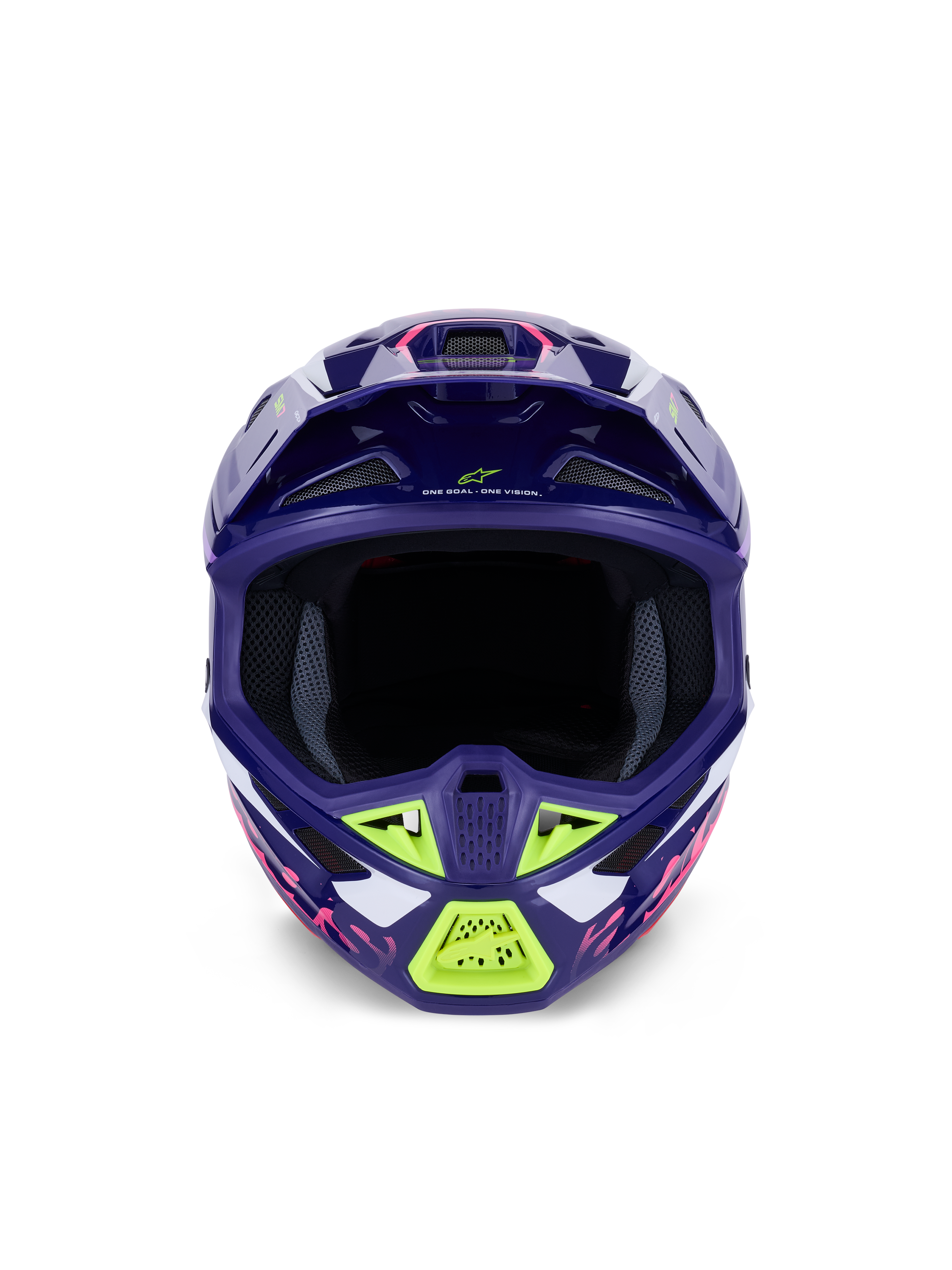 Alpinestars S-M7 Deed Helmet ECE 22.06, Motocross Helmet, Purple Pink Glossy with Lime Green and white accents, front view showing the wide eye port and ventilation system, aerodynamic composite shell design for off-road racing.
