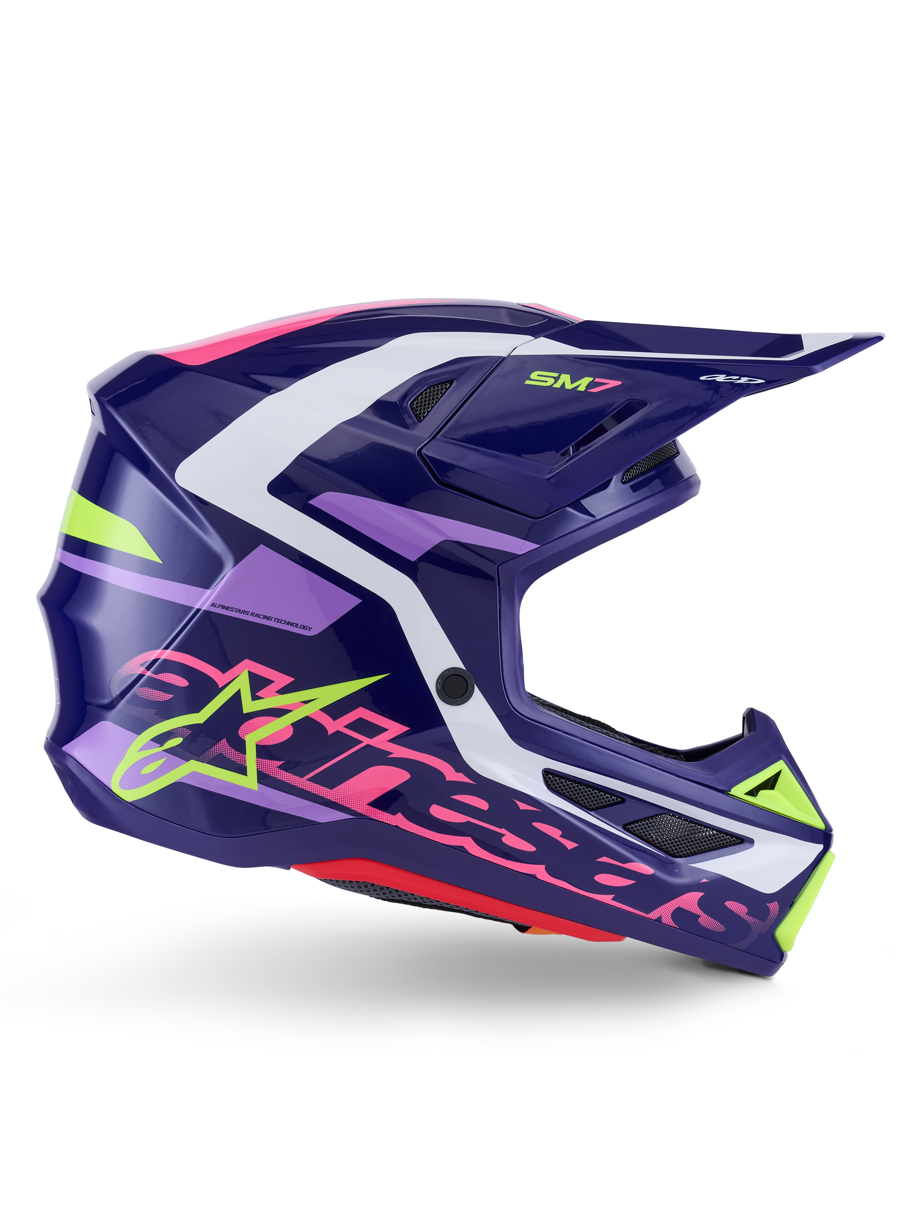Alpinestars S-M7 Deed Helmet, Motocross Helmet, Purple Pink Glossy, side profile view, featuring white and lime green graphic accents, SM7 branding and bold Alpinestars logo, aerodynamic composite shell design for off-road racing
