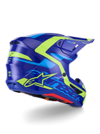 Alpinestars S-M7 Deed Helmet ECE 22.06, kask motocrossowy, niebieski i żółty neonowy połysk, widok z boku i z tyłu, aerodynamiczny profil, wyraźne logo Alpinestars z jaskrawymi neonowożółtymi akcentami, wydajne otwory wentylacyjne, błyszczące wykończenie