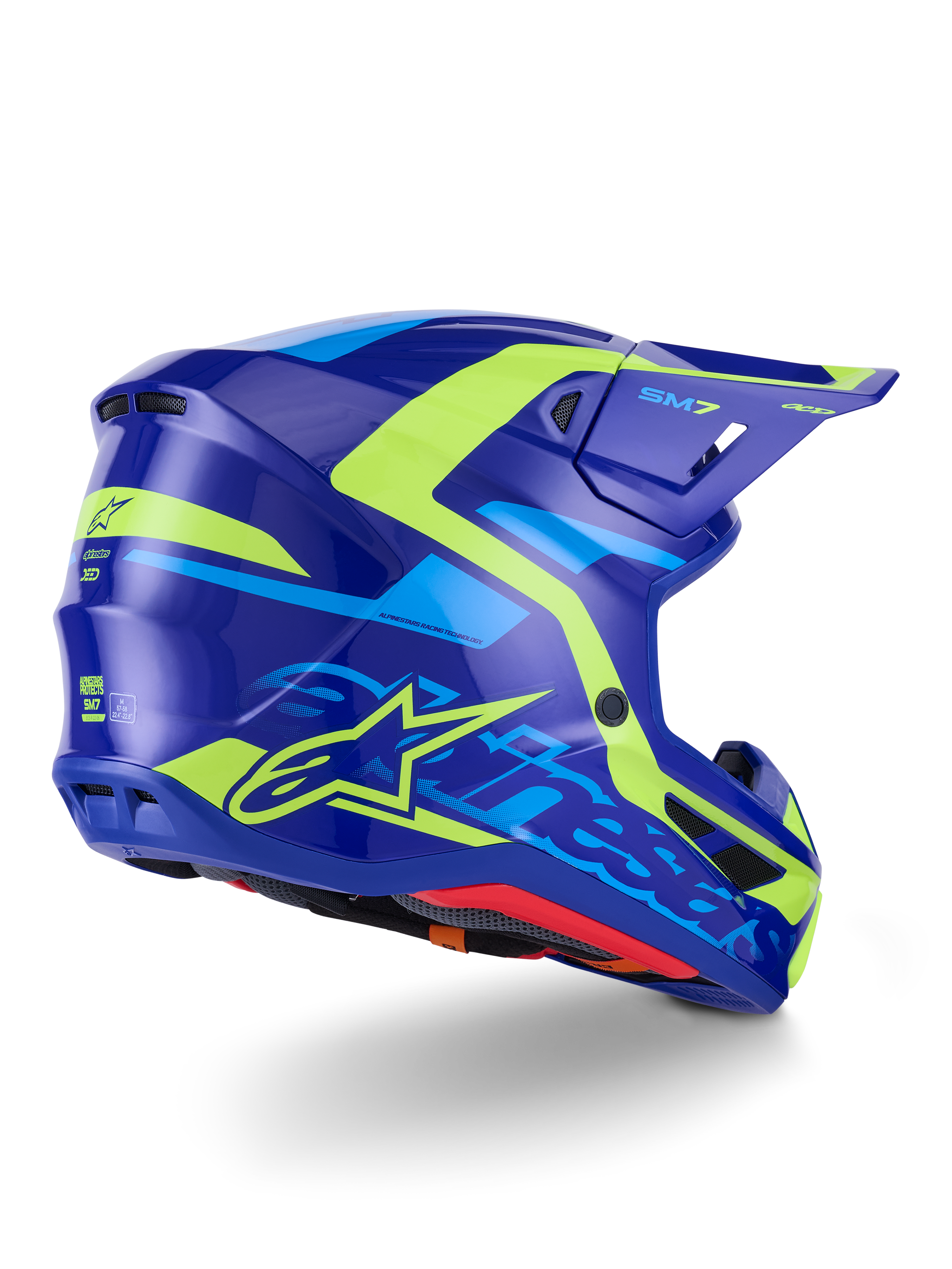 Alpinestars S-M7 Deed Helmet ECE 22.06, kask motocrossowy, niebieski i żółty neonowy połysk, widok z boku i z tyłu, aerodynamiczny profil, wyraźne logo Alpinestars z jaskrawymi neonowożółtymi akcentami, wydajne otwory wentylacyjne, błyszczące wykończenie