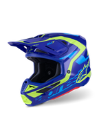 Kask Alpinestars S-M7 Deed, kask motocrossowy, niebieski i neonowy żółty z połyskiem, aerodynamiczny design z wieloma otworami wlotowymi, wyraźne logo Alpinestars i logo SM7, profesjonalna ochrona do wyścigów off-road