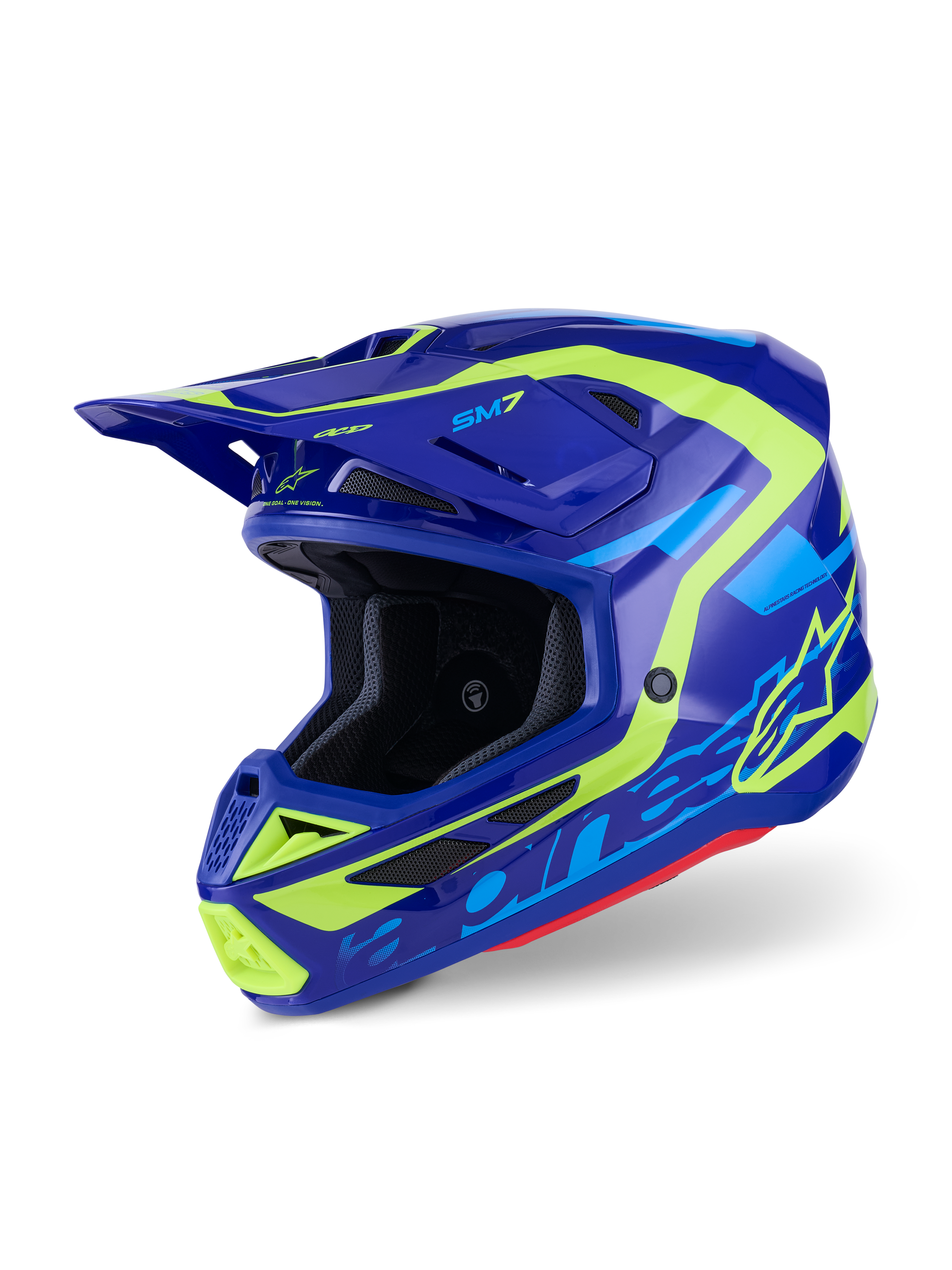 Kask Alpinestars S-M7 Deed, kask motocrossowy, niebieski i neonowy żółty z połyskiem, aerodynamiczny design z wieloma otworami wlotowymi, wyraźne logo Alpinestars i logo SM7, profesjonalna ochrona do wyścigów off-road