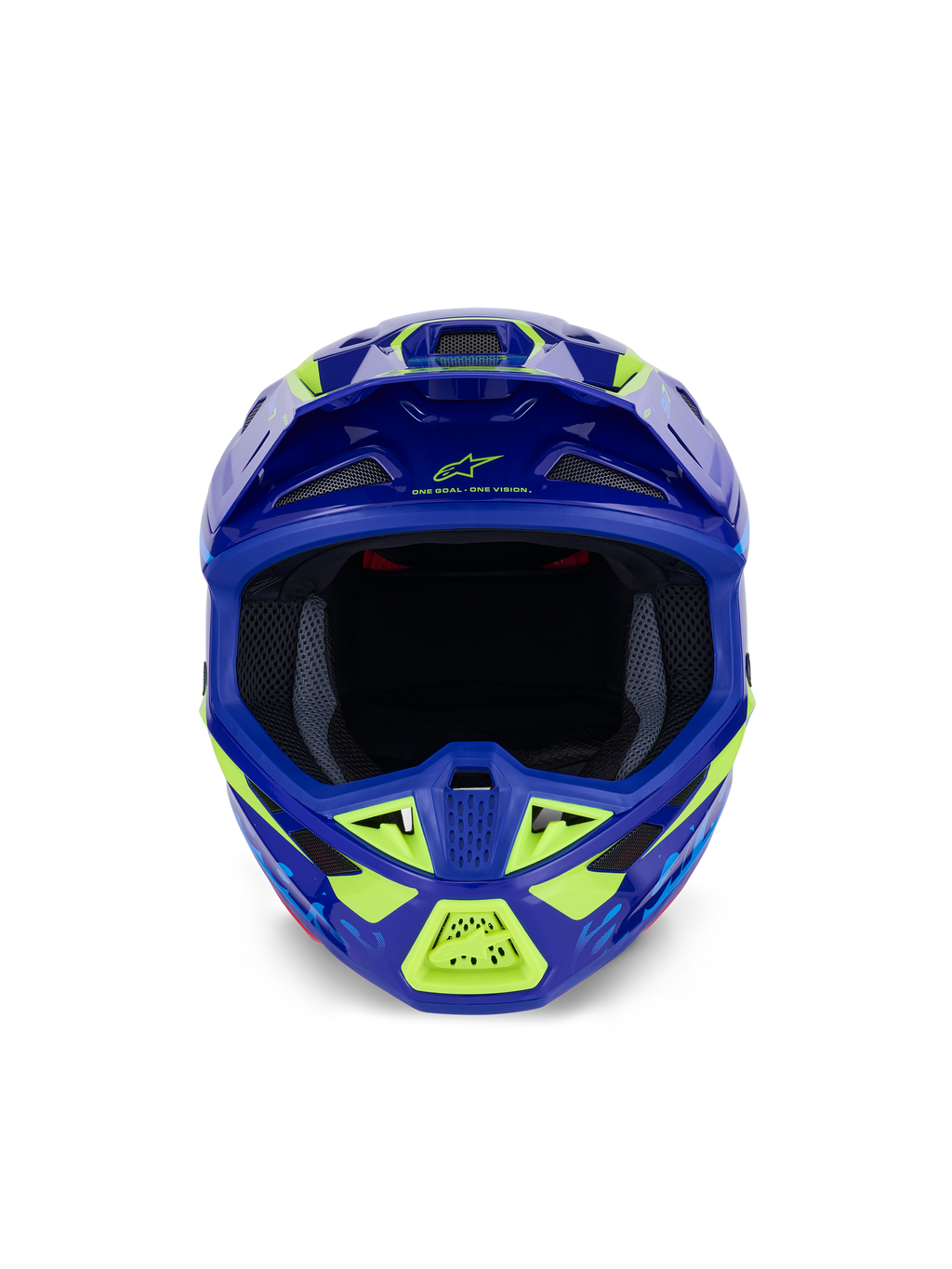 Kask Alpinestars S-M7 Deed, kask motocrossowy, niebiesko-żółty neonowy błyszczący, widok z przodu podkreślający szeroki otwór na gogle i liczne wloty powietrza osłonięte siatką, aerodynamiczna skorupa z neonowożółtymi akcentami i logo Alpinestars, profesjonalna ochrona głowy do wyścigów off-road