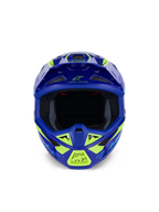 Kask Alpinestars S-M7 Deed, kask motocrossowy, niebiesko-żółty neonowy błyszczący, widok z przodu podkreślający szeroki otwór na gogle i liczne wloty powietrza osłonięte siatką, aerodynamiczna skorupa z neonowożółtymi akcentami i logo Alpinestars, profesjonalna ochrona głowy do wyścigów off-road