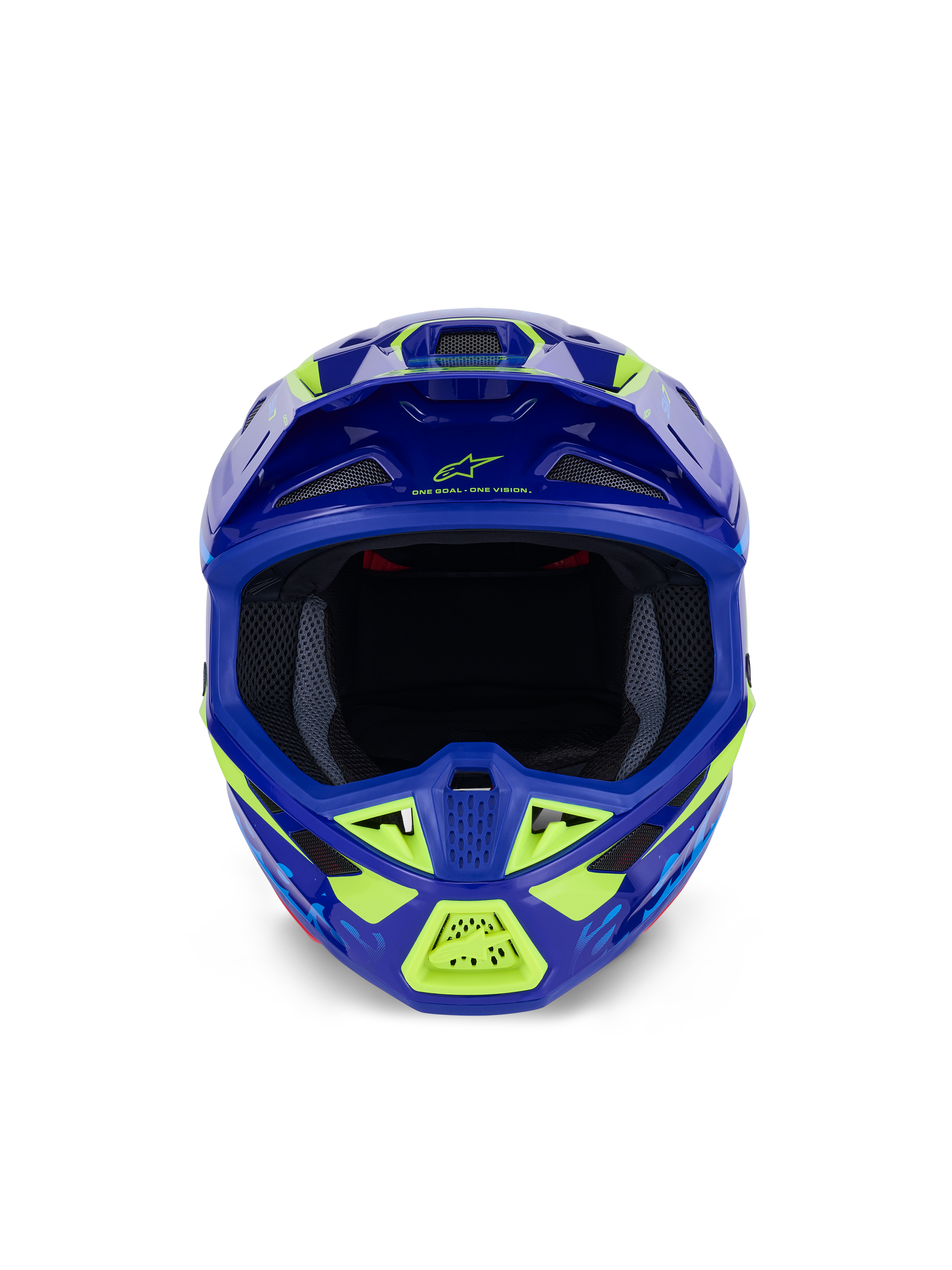 Kask Alpinestars S-M7 Deed, kask motocrossowy, niebiesko-żółty neonowy błyszczący, widok z przodu podkreślający szeroki otwór na gogle i liczne wloty powietrza osłonięte siatką, aerodynamiczna skorupa z neonowożółtymi akcentami i logo Alpinestars, profesjonalna ochrona głowy do wyścigów off-road