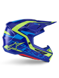 Alpinestars S-M7 Deed Helmet ECE 22.06, kask motocrossowy, niebiesko-żółty połysk (Blue Yellow Fluo Glossy), widok z boku, aerodynamiczna skorupa z wyraźnym logo Alpinestars, jaskrawożółte i jasnoniebieskie akcenty graficzne, liczne otwory wentylacyjne, zintegrowany daszek do wyścigów off-road