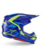 Alpinestars S-M7 Deed Helmet ECE 22.06, kask motocrossowy, niebiesko-żółty połysk (Blue Yellow Fluo Glossy), widok z boku, aerodynamiczna skorupa z wyraźnym logo Alpinestars, jaskrawożółte i jasnoniebieskie akcenty graficzne, liczne otwory wentylacyjne, zintegrowany daszek do wyścigów off-road