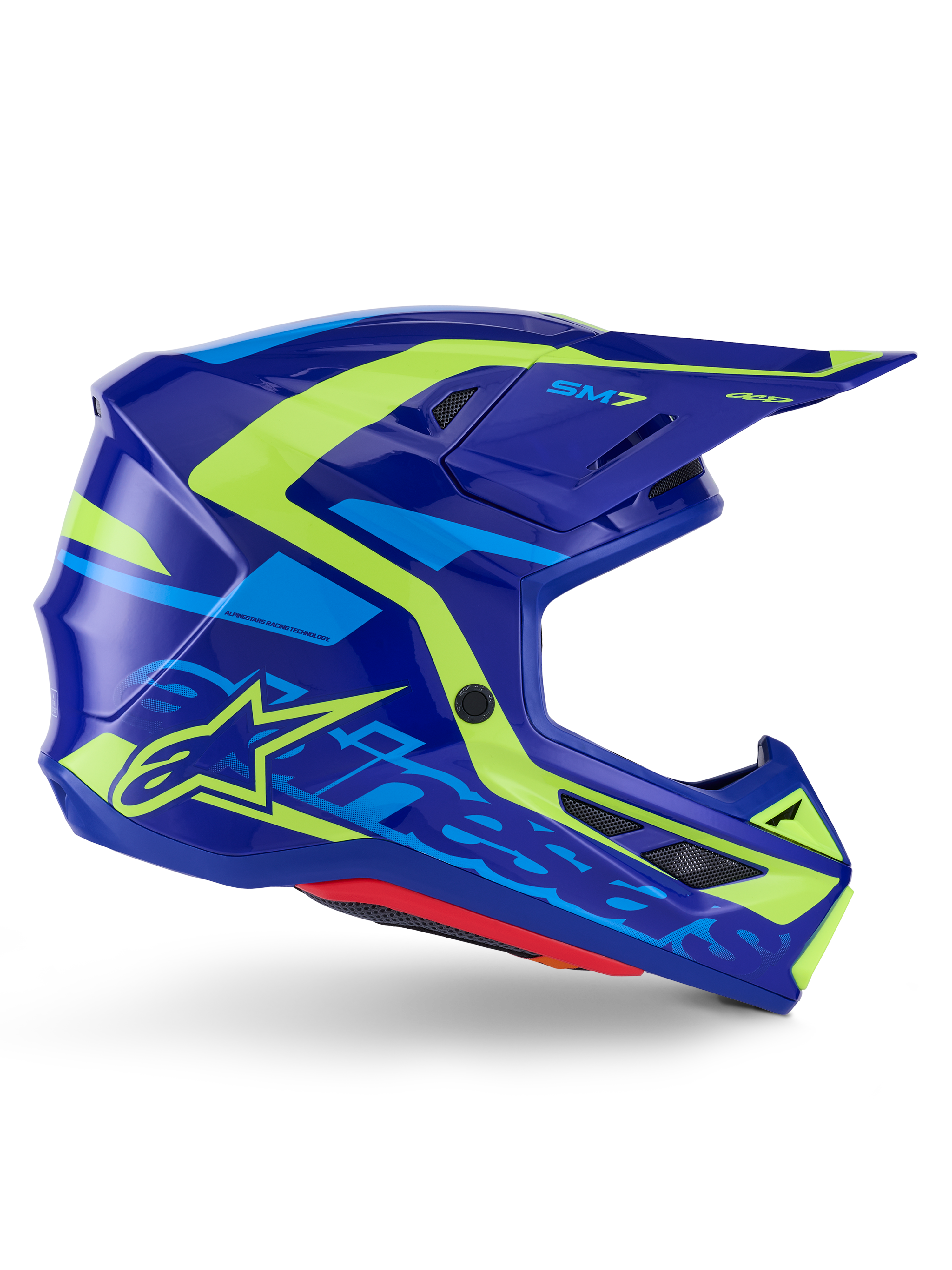 Alpinestars S-M7 Deed Helmet ECE 22.06, kask motocrossowy, niebiesko-żółty połysk (Blue Yellow Fluo Glossy), widok z boku, aerodynamiczna skorupa z wyraźnym logo Alpinestars, jaskrawożółte i jasnoniebieskie akcenty graficzne, liczne otwory wentylacyjne, zintegrowany daszek do wyścigów off-road