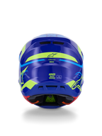 Alpinestars S-M7 Deed Helmet ECE 22.06, kask motocrossowy, widok z tyłu, niebiesko-żółty fluo połysk, z wyrazistymi fluorescencyjnymi żółtymi grafikami i logo gwiazdy, tylne otwory wylotowe, widoczna wewnętrzna wyściółka z zieloną technologią PLASMA.