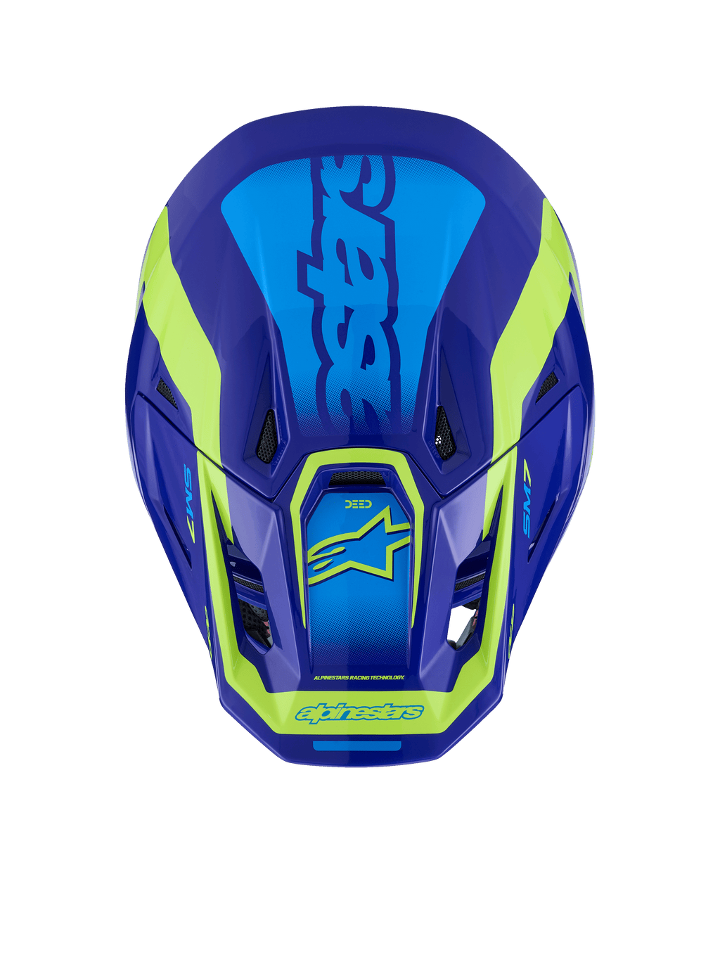 Kask Alpinestars S-M7 Deed, kask motocrossowy, niebieski i żółty fluo błyszczący, widok z góry przedstawiający aerodynamiczną skorupę, otwory wentylacyjne oraz charakterystyczne żółte neonowe logo na tle głębokiego niebieskiego wykończenia.