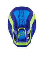 Kask Alpinestars S-M7 Deed, kask motocrossowy, niebieski i żółty fluo błyszczący, widok z góry przedstawiający aerodynamiczną skorupę, otwory wentylacyjne oraz charakterystyczne żółte neonowe logo na tle głębokiego niebieskiego wykończenia.