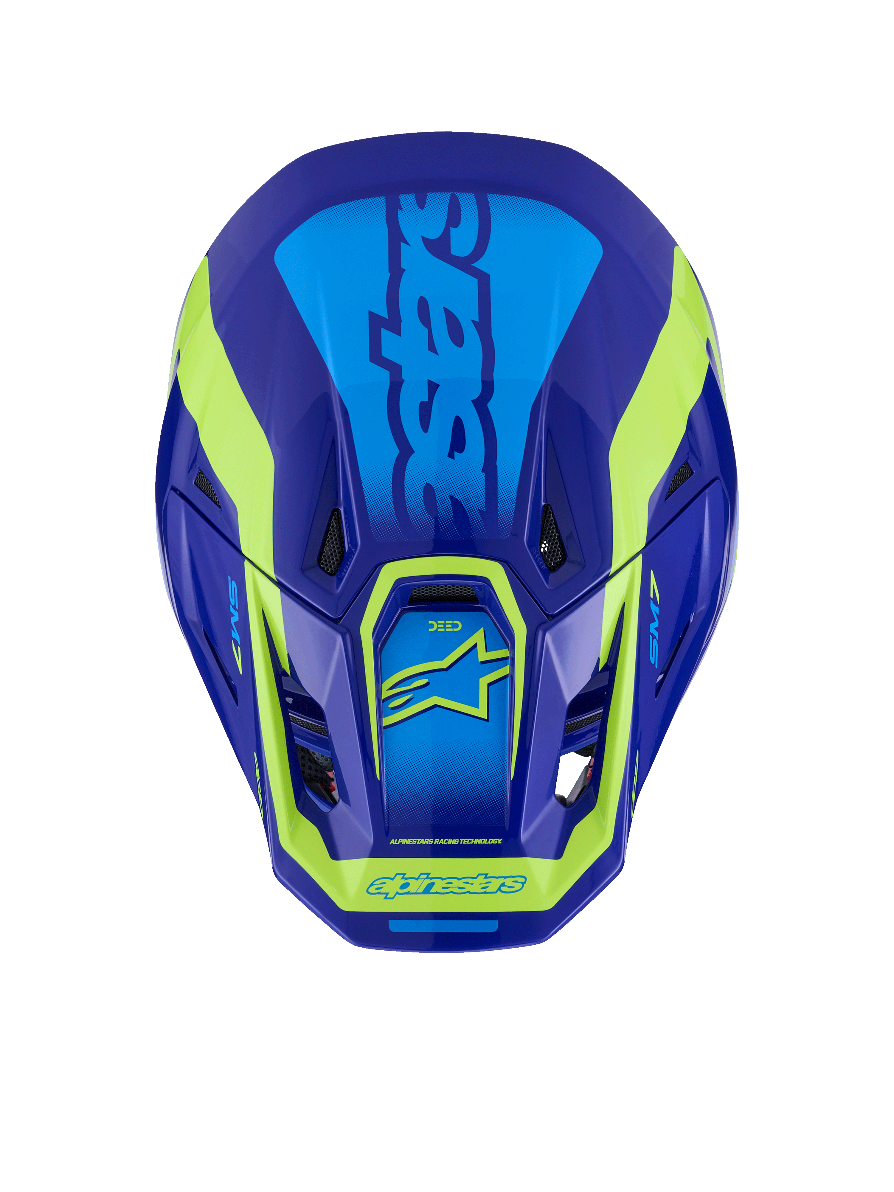 Kask Alpinestars S-M7 Deed, kask motocrossowy, niebieski i żółty fluo błyszczący, widok z góry przedstawiający aerodynamiczną skorupę, otwory wentylacyjne oraz charakterystyczne żółte neonowe logo na tle głębokiego niebieskiego wykończenia.