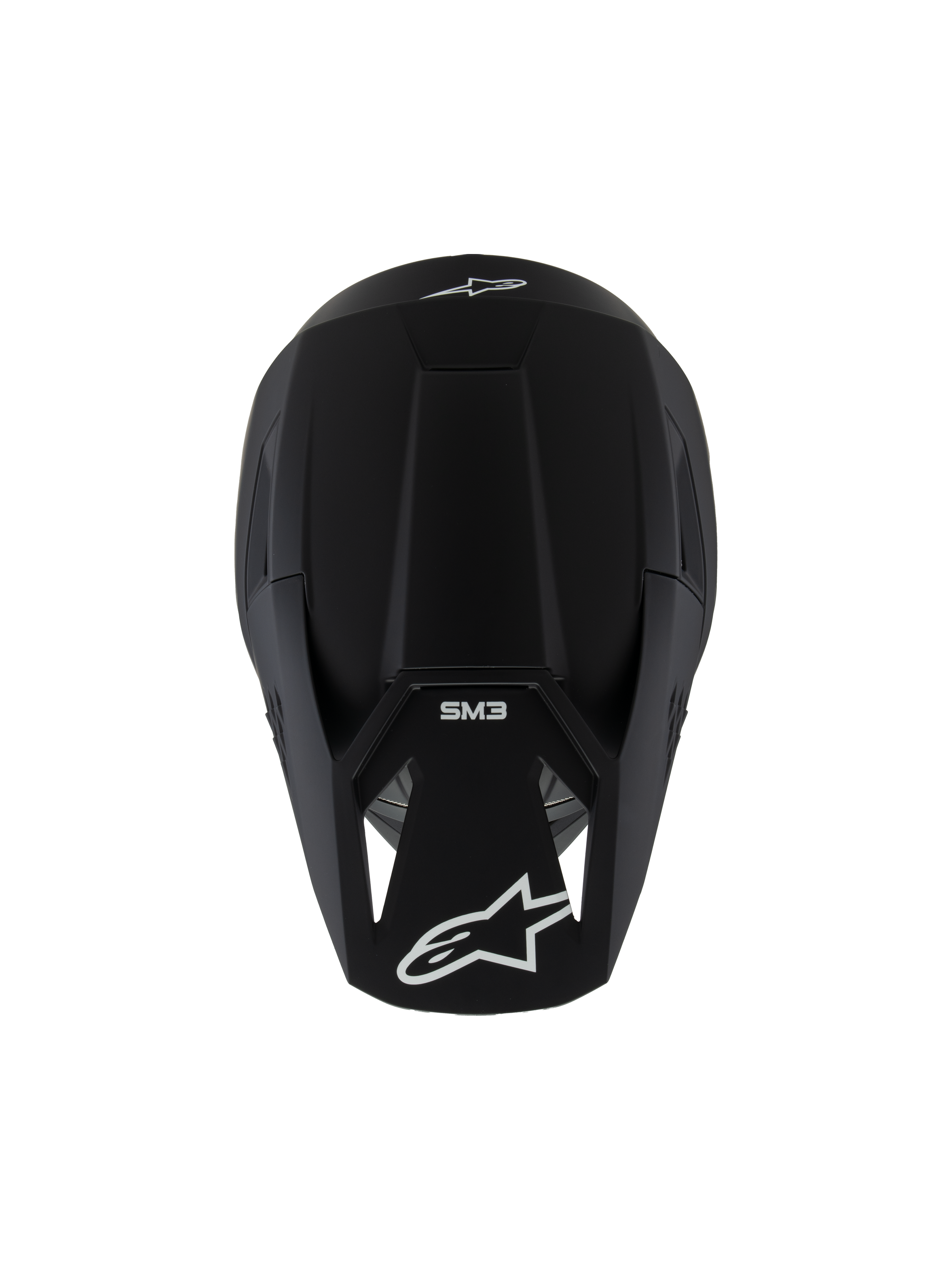Alpinestars S-M3 Youth Solid Helmet ECE 22.06, Motocross Helmet, Black Matt, top-down view showing white logos and SM3 branding, sleek aerodynamic design for off-road racing