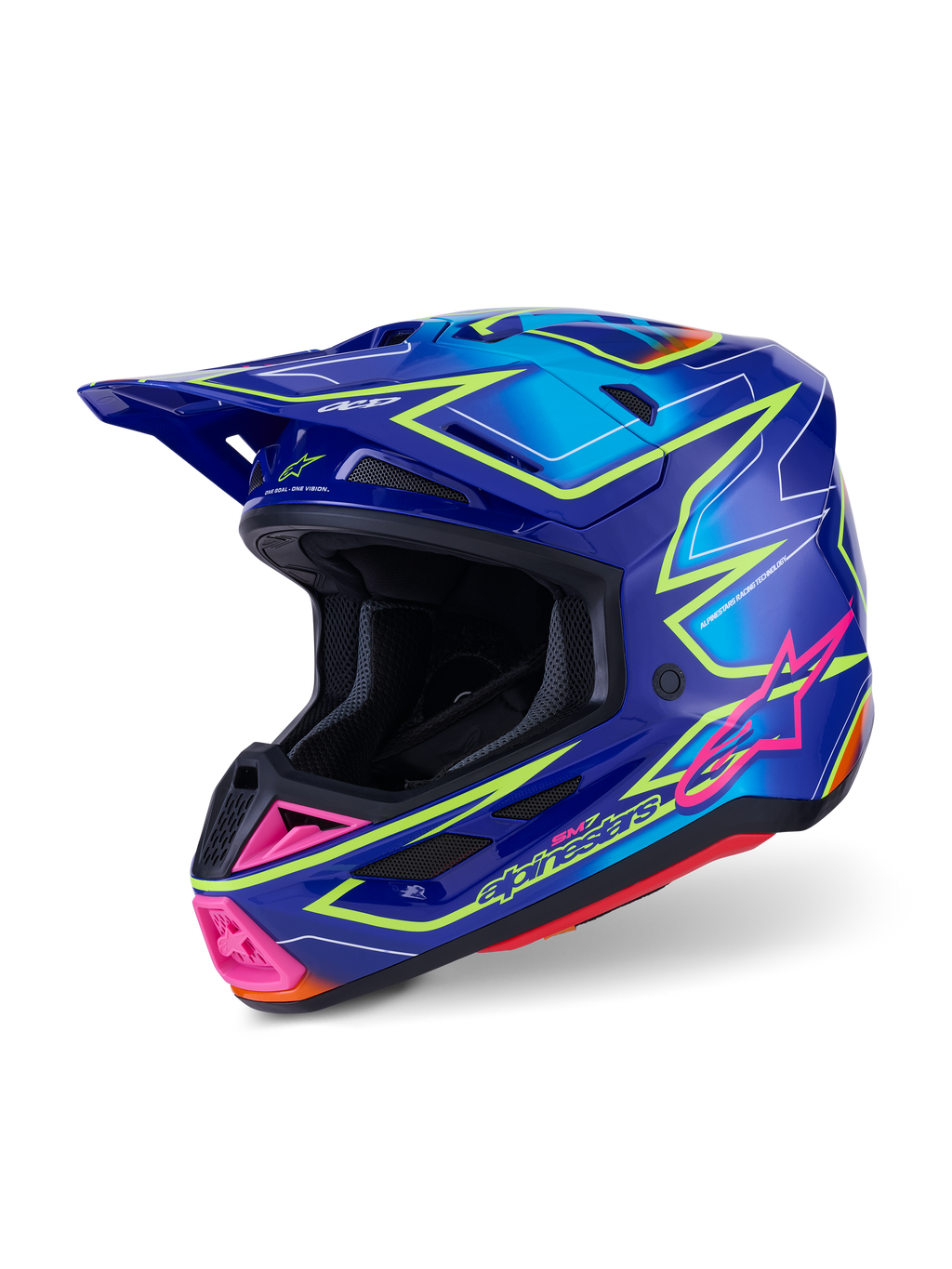 Kask Alpinestars S-M7 Cast ECE 22.06, kask motocrossowy, niebieski, różowy i żółty fluo z połyskiem, widok z boku pod kątem, aerodynamiczna skorupa z licznymi otworami wentylacyjnymi, dynamiczna grafika z różowymi akcentami i neonowo żółtymi konturami