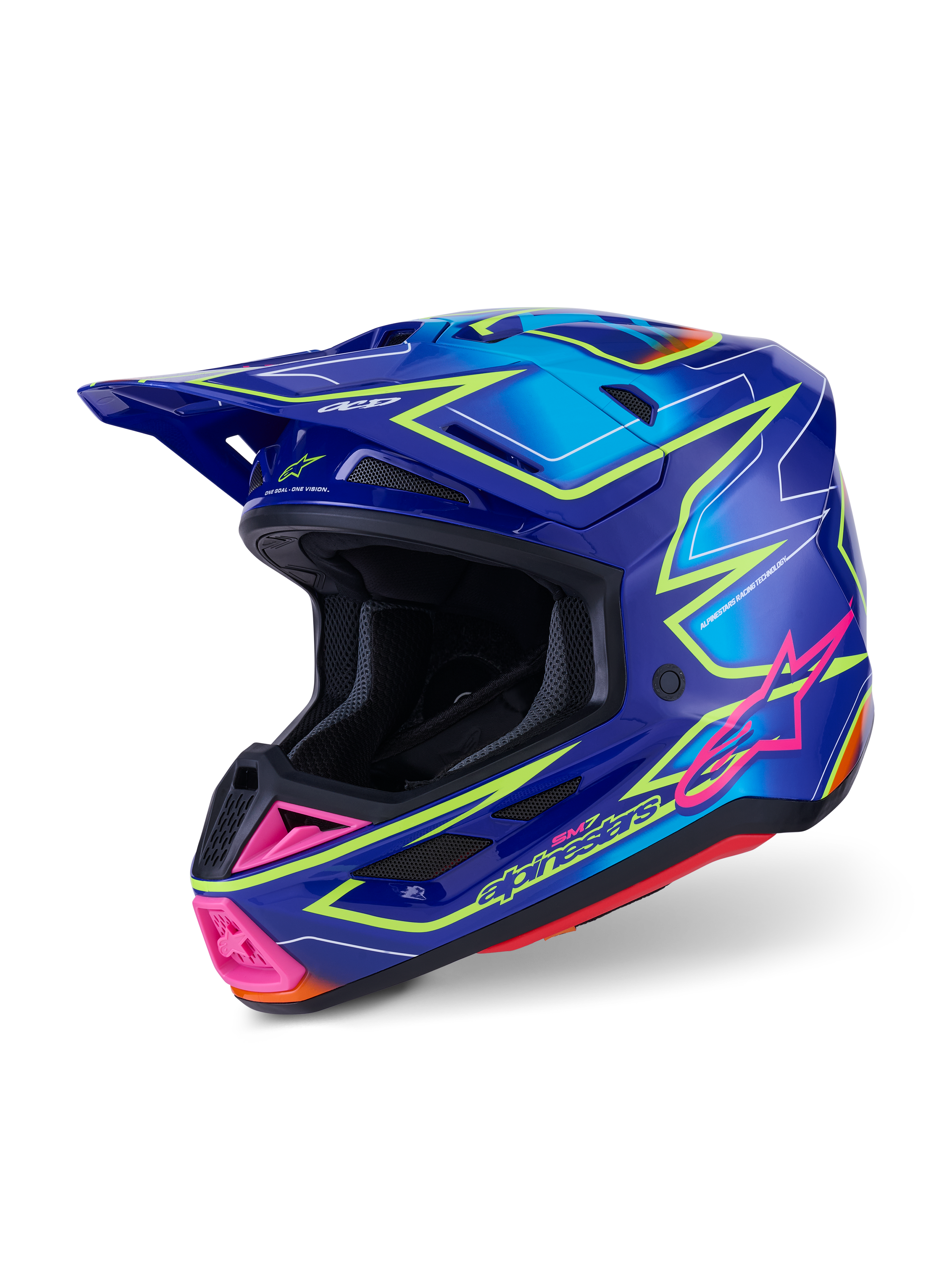 Kask Alpinestars S-M7 Cast ECE 22.06, kask motocrossowy, niebieski, różowy i żółty fluo z połyskiem, widok z boku pod kątem, aerodynamiczna skorupa z licznymi otworami wentylacyjnymi, dynamiczna grafika z różowymi akcentami i neonowo żółtymi konturami