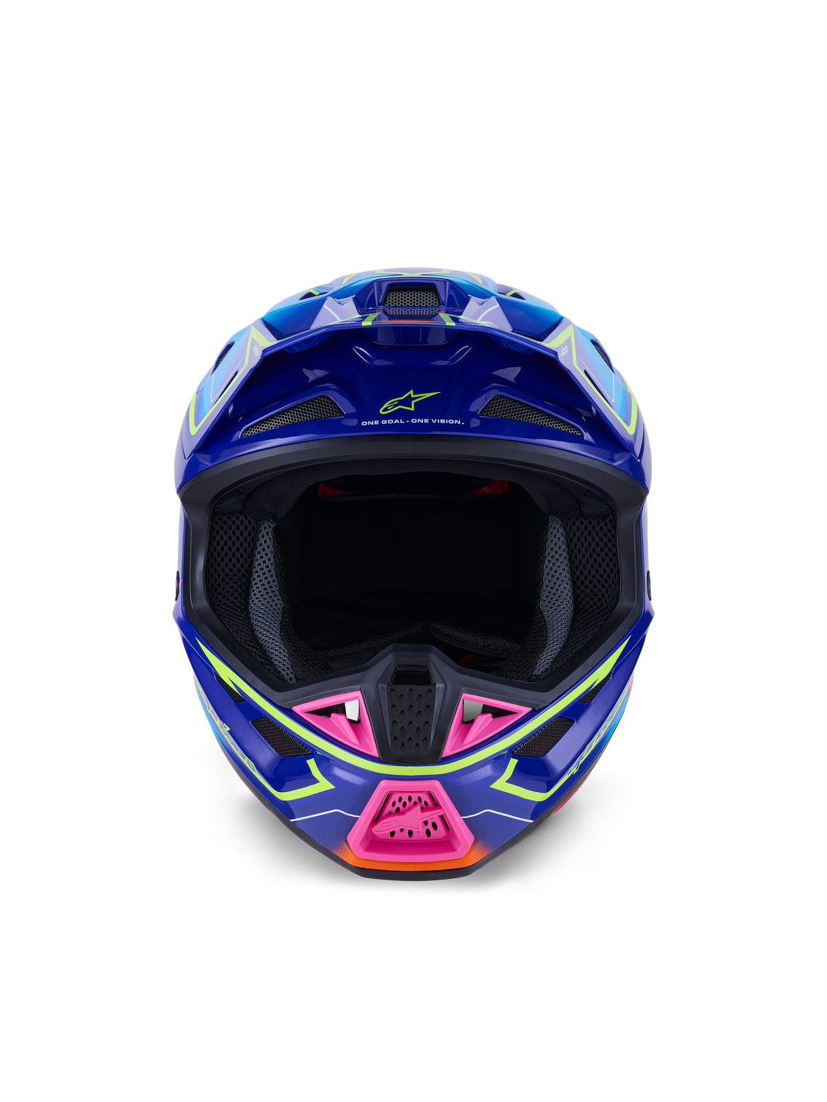 Alpinestars S-M7 Cast Helmet ECE 22.06, kask motocrossowy, niebieski, różowy i żółty fluorescencyjny błyszczący, widok z przodu ukazujący agresywną aerodynamiczną skorupę, wentylowana osłona szczęki z różowymi akcentami, szeroki otwór na gogle do wyścigów off-road