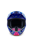Alpinestars S-M7 Cast Helmet ECE 22.06, kask motocrossowy, niebieski, różowy i żółty fluorescencyjny błyszczący, widok z przodu ukazujący agresywną aerodynamiczną skorupę, wentylowana osłona szczęki z różowymi akcentami, szeroki otwór na gogle do wyścigów off-road