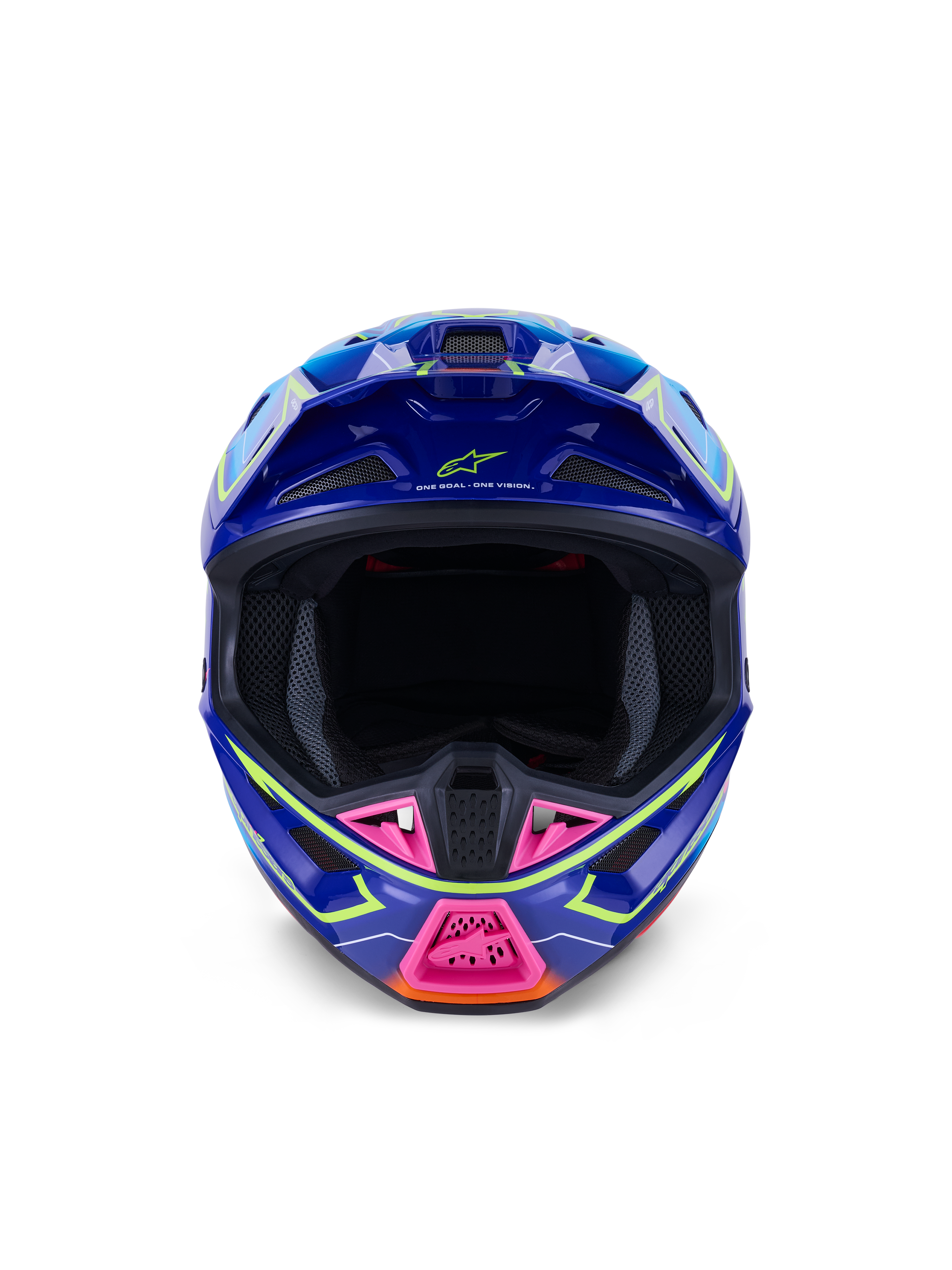 Alpinestars S-M7 Cast Helmet ECE 22.06, kask motocrossowy, niebieski, różowy i żółty fluorescencyjny błyszczący, widok z przodu ukazujący agresywną aerodynamiczną skorupę, wentylowana osłona szczęki z różowymi akcentami, szeroki otwór na gogle do wyścigów off-road