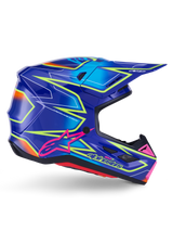 Kask Alpinestars S-M7 Cast, kask motocrossowy, niebieski, różowy i żółty fluo z połyskiem, widok z boku prezentujący wyraziste wzory geometryczne, różowe logo Alpinestars oraz wentylowaną aerodynamiczną skorupę.