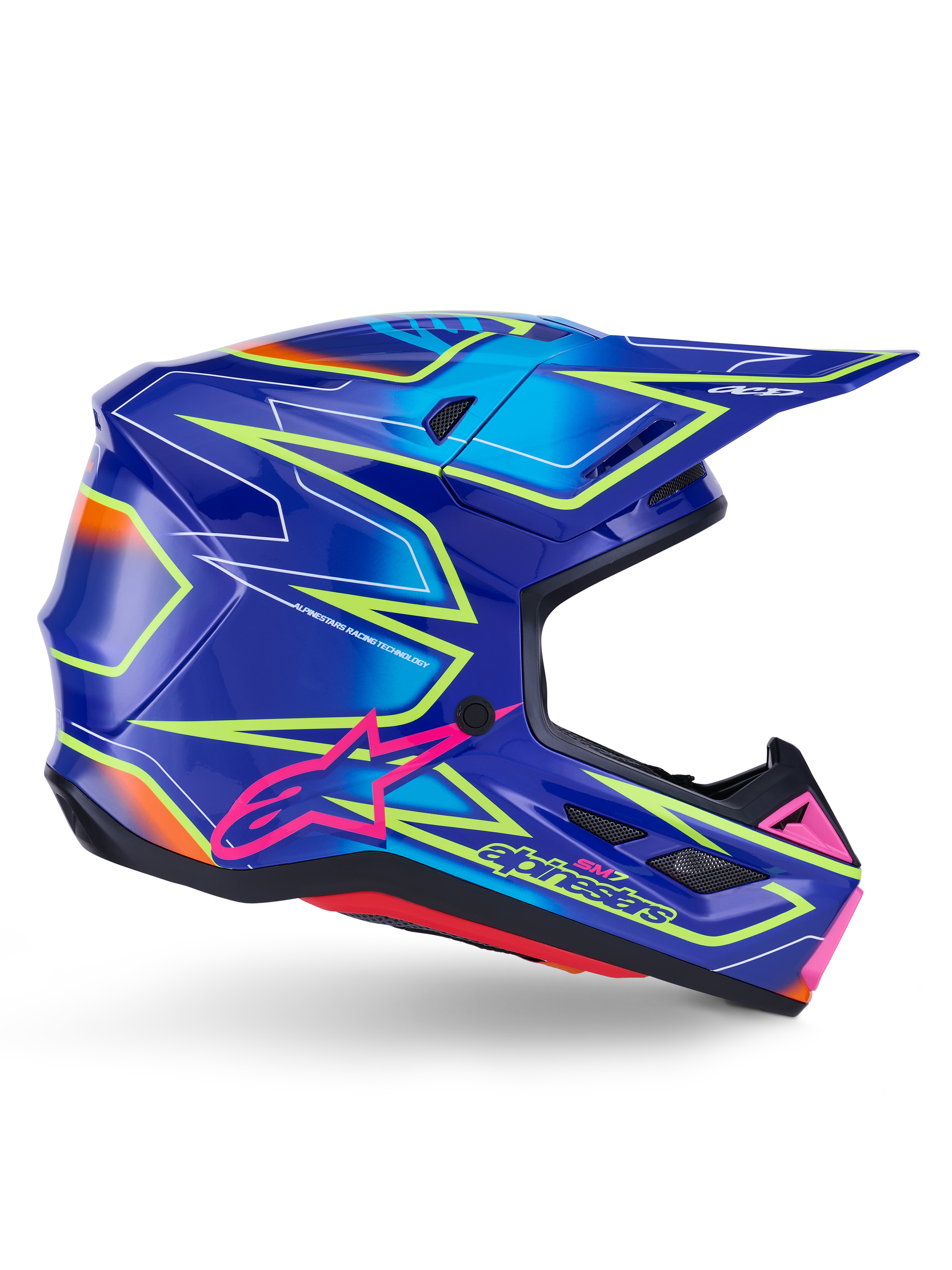 Kask Alpinestars S-M7 Cast, kask motocrossowy, niebieski, różowy i żółty fluo z połyskiem, widok z boku prezentujący wyraziste wzory geometryczne, różowe logo Alpinestars oraz wentylowaną aerodynamiczną skorupę.