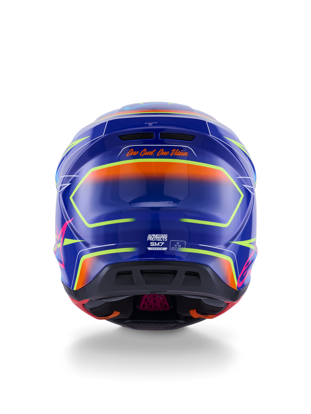 Alpinestars S-M7 Cast Helmet ECE 22.06, kask motocrossowy, niebieski, różowy i żółty fluo w połysku, widok z tyłu pokazujący slogan „One Goal. One Vision.”, aerodynamiczna kompozytowa skorupa ze zintegrowanymi otworami wentylacyjnymi i jaskrawymi neonowymi akcentami