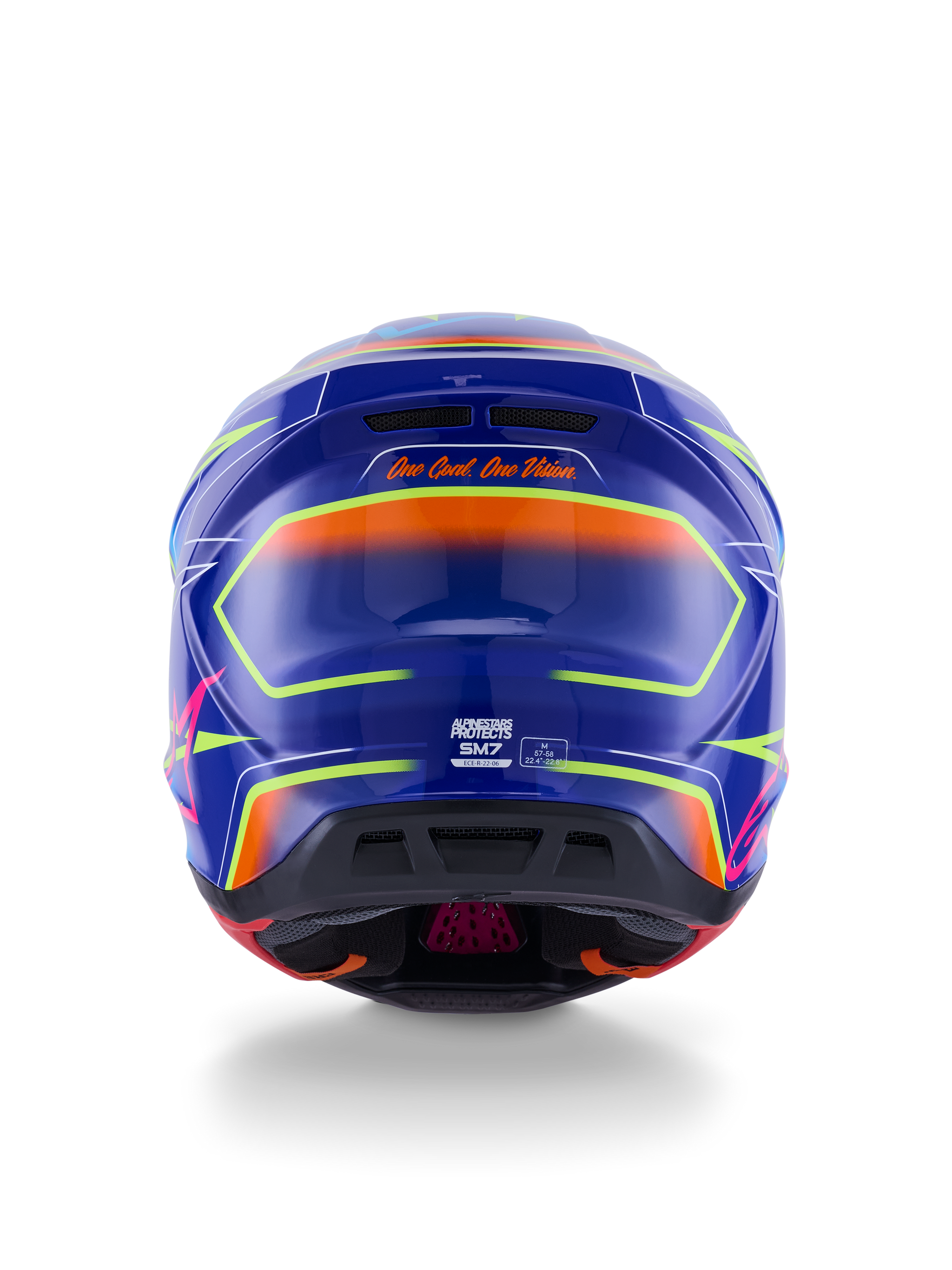 Alpinestars S-M7 Cast Helmet ECE 22.06, kask motocrossowy, niebieski, różowy i żółty fluo w połysku, widok z tyłu pokazujący slogan „One Goal. One Vision.”, aerodynamiczna kompozytowa skorupa ze zintegrowanymi otworami wentylacyjnymi i jaskrawymi neonowymi akcentami
