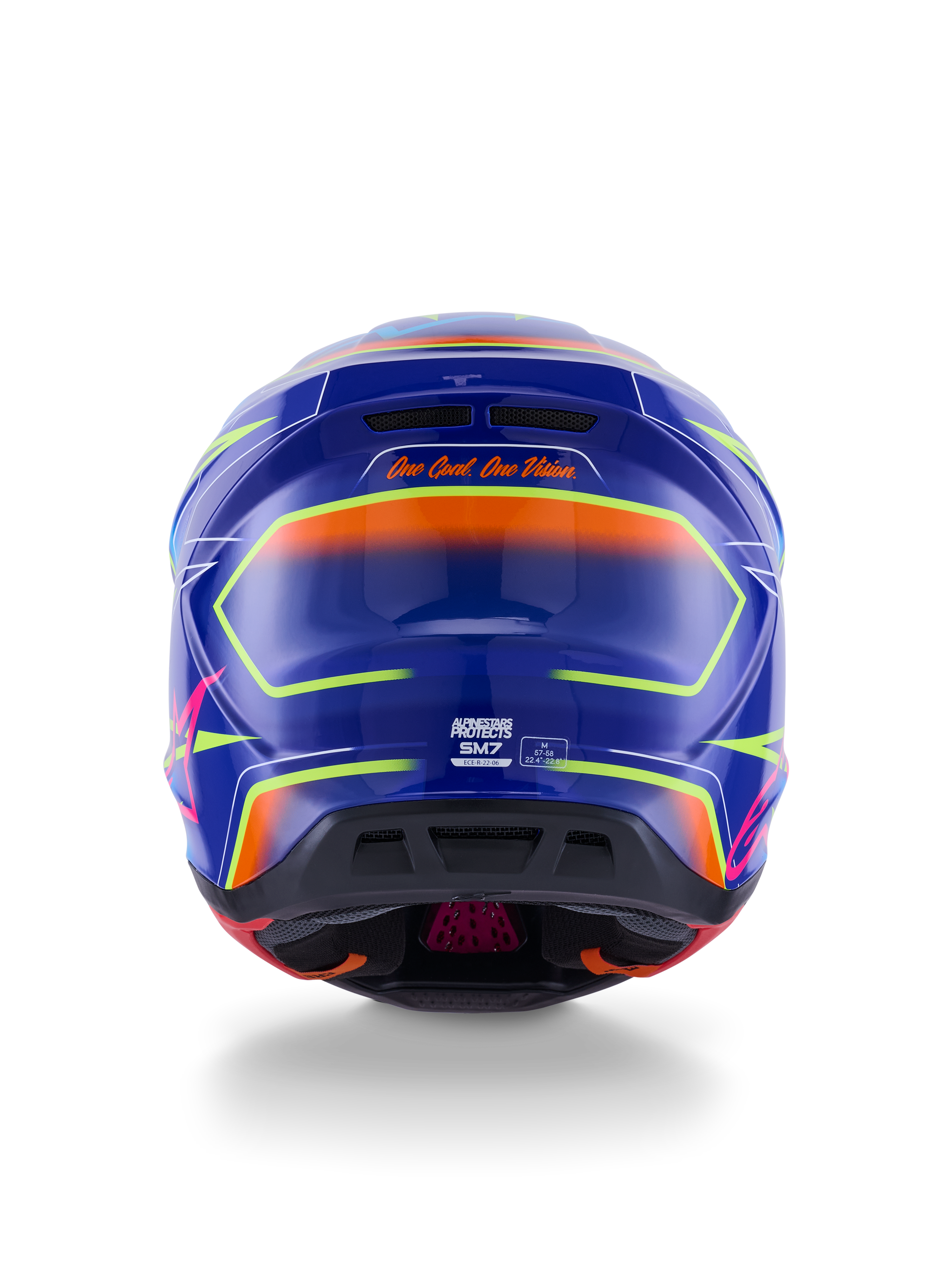 Alpinestars S-M7 Cast Helmet ECE 22.06, kask motocrossowy, niebieski, różowy i żółty fluo w połysku, widok z tyłu pokazujący slogan „One Goal. One Vision.”, aerodynamiczna kompozytowa skorupa ze zintegrowanymi otworami wentylacyjnymi i jaskrawymi neonowymi akcentami