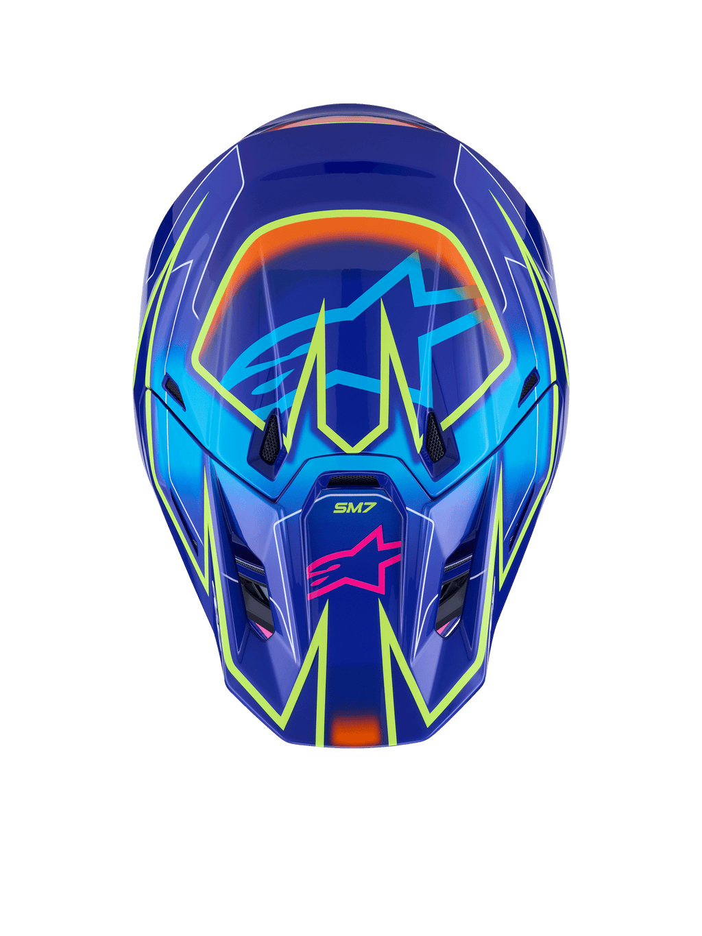 Kask Alpinestars S-M7 Cast, kask motocrossowy, niebieski, różowy i żółty fluo z połyskiem, widok z przodu z wyrazistymi żółtymi neonowymi liniami geometrycznymi, różowe logo gwiazdy Alpinestars na części szczękowej i jasnoniebieskie logo gwiazdy na daszku, aerodynamiczna konstrukcja skorupy do wyścigów terenowych