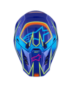 Kask Alpinestars S-M7 Cast, kask motocrossowy, niebieski, różowy i żółty fluo z połyskiem, widok z przodu z wyrazistymi żółtymi neonowymi liniami geometrycznymi, różowe logo gwiazdy Alpinestars na części szczękowej i jasnoniebieskie logo gwiazdy na daszku, aerodynamiczna konstrukcja skorupy do wyścigów terenowych