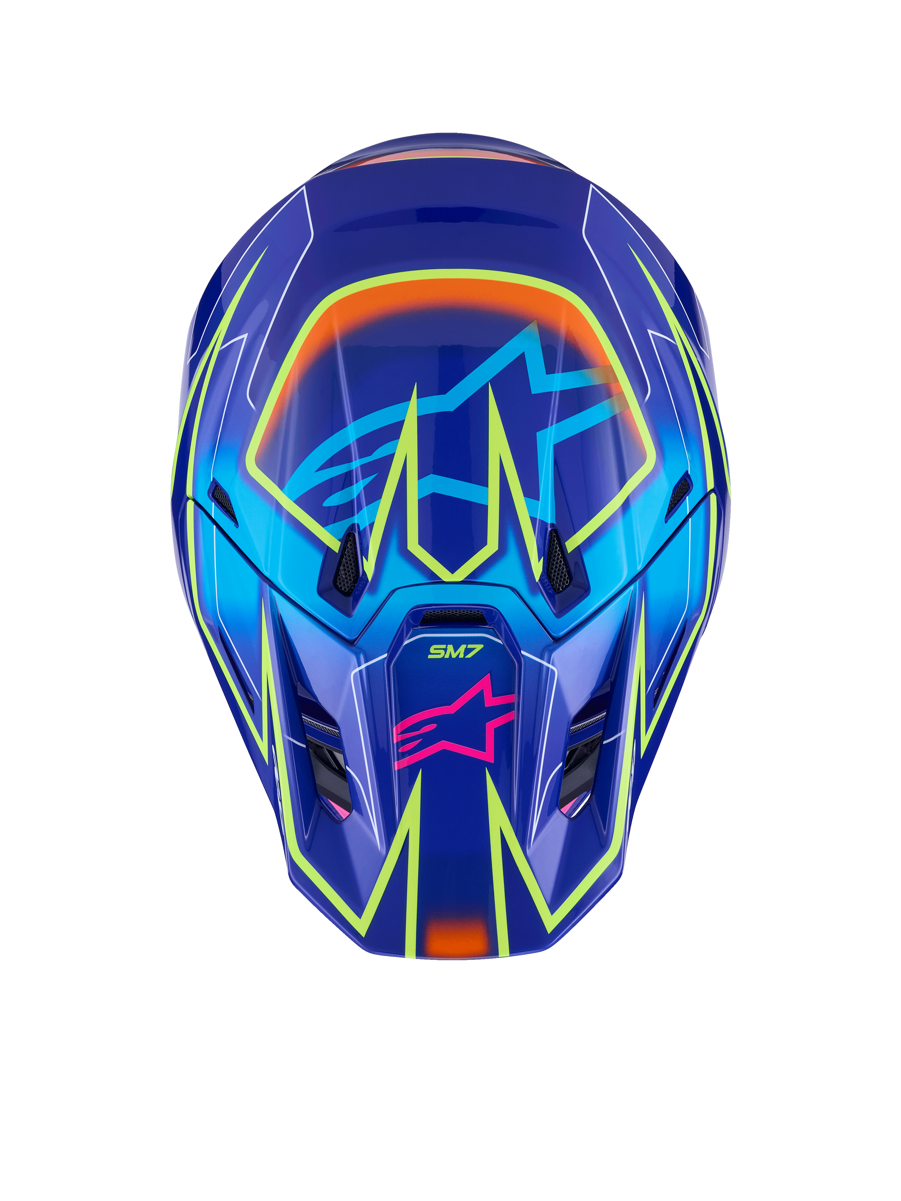 Kask Alpinestars S-M7 Cast, kask motocrossowy, niebieski, różowy i żółty fluo z połyskiem, widok z przodu z wyrazistymi żółtymi neonowymi liniami geometrycznymi, różowe logo gwiazdy Alpinestars na części szczękowej i jasnoniebieskie logo gwiazdy na daszku, aerodynamiczna konstrukcja skorupy do wyścigów terenowych