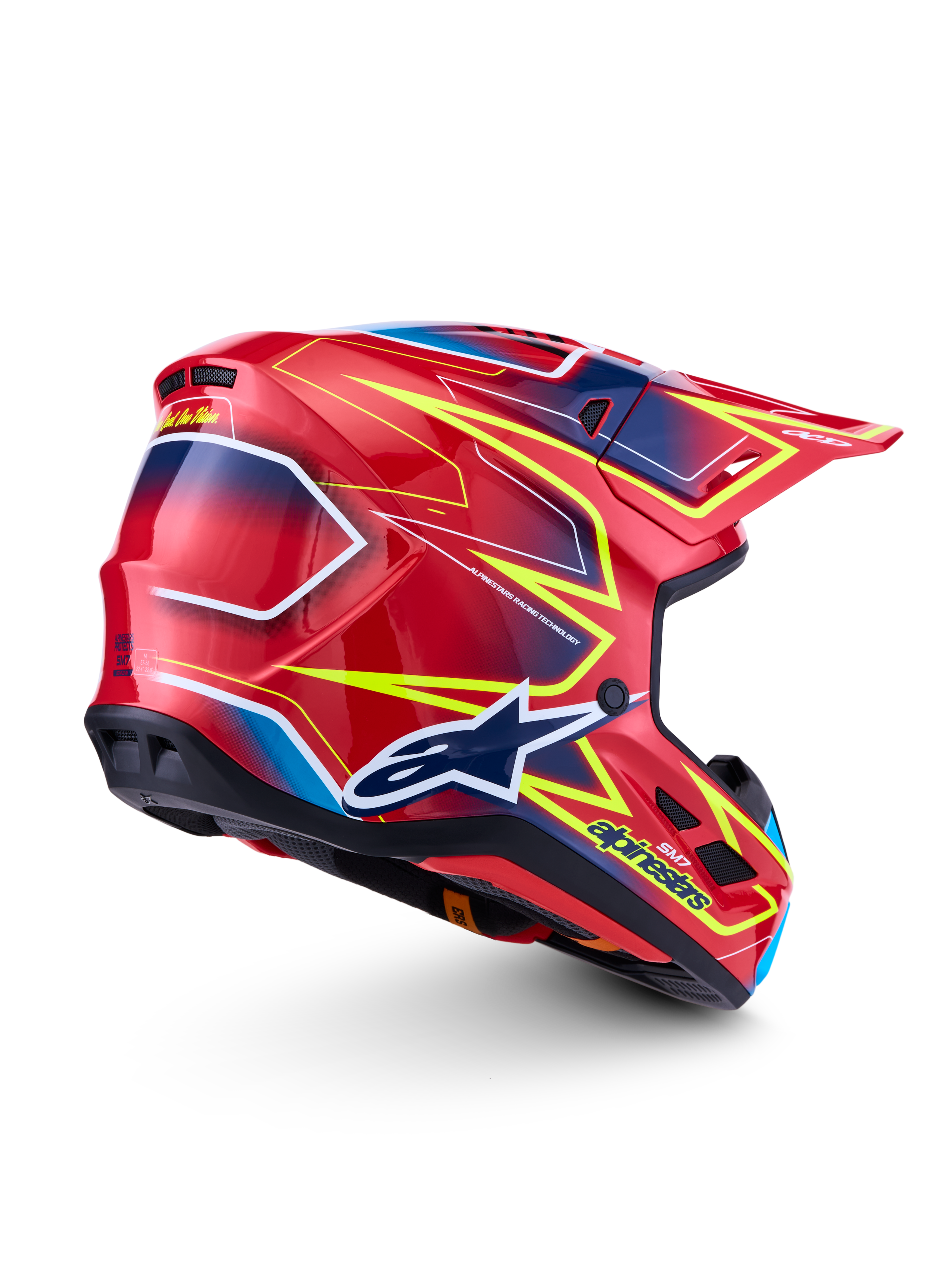 Alpinestars S-M7 Cast Helmet ECE06, Red and Yellow Fluo motocross racing helmet with glossy finish and ECE 22.06 certification.