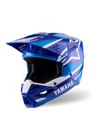 Kask Alpinestars Yamaha S-M3, kask motocrossowy, niebiesko-biały z połyskiem, z wyraźnym logo Yamaha i gwiazdą Alpinestars, kanciasty design z daszkiem i wentylowaną osłoną szczęki, profesjonalny sprzęt do wyścigów off-road