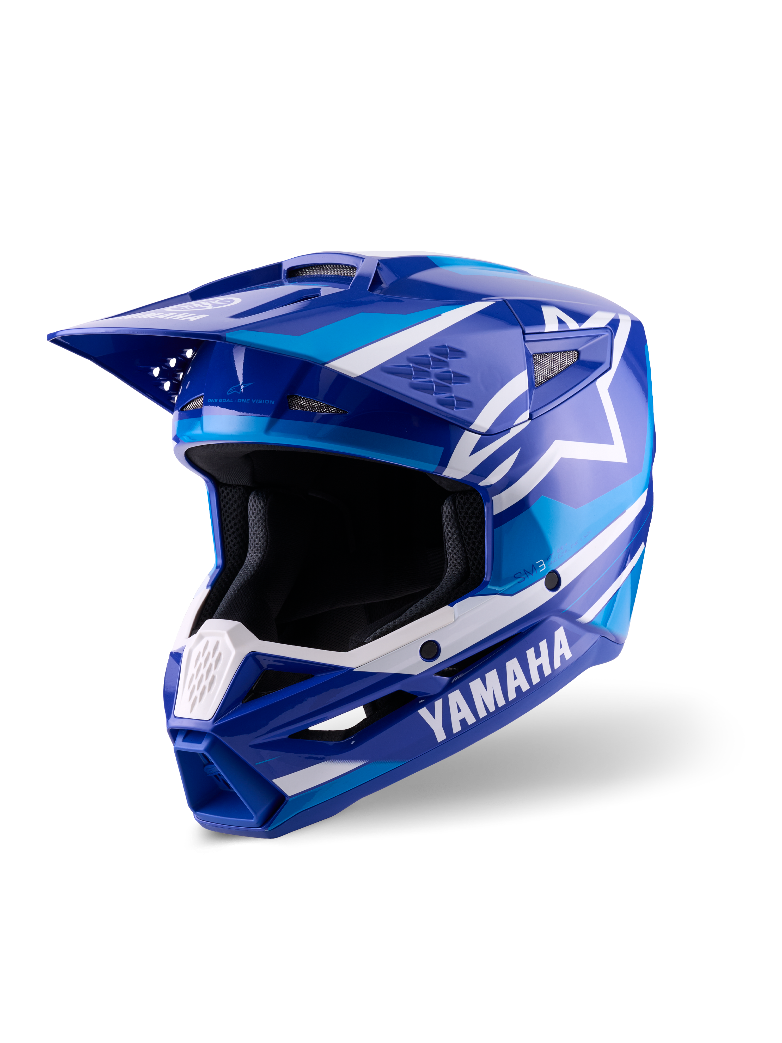 Kask Alpinestars Yamaha S-M3, kask motocrossowy, niebiesko-biały z połyskiem, z wyraźnym logo Yamaha i gwiazdą Alpinestars, kanciasty design z daszkiem i wentylowaną osłoną szczęki, profesjonalny sprzęt do wyścigów off-road