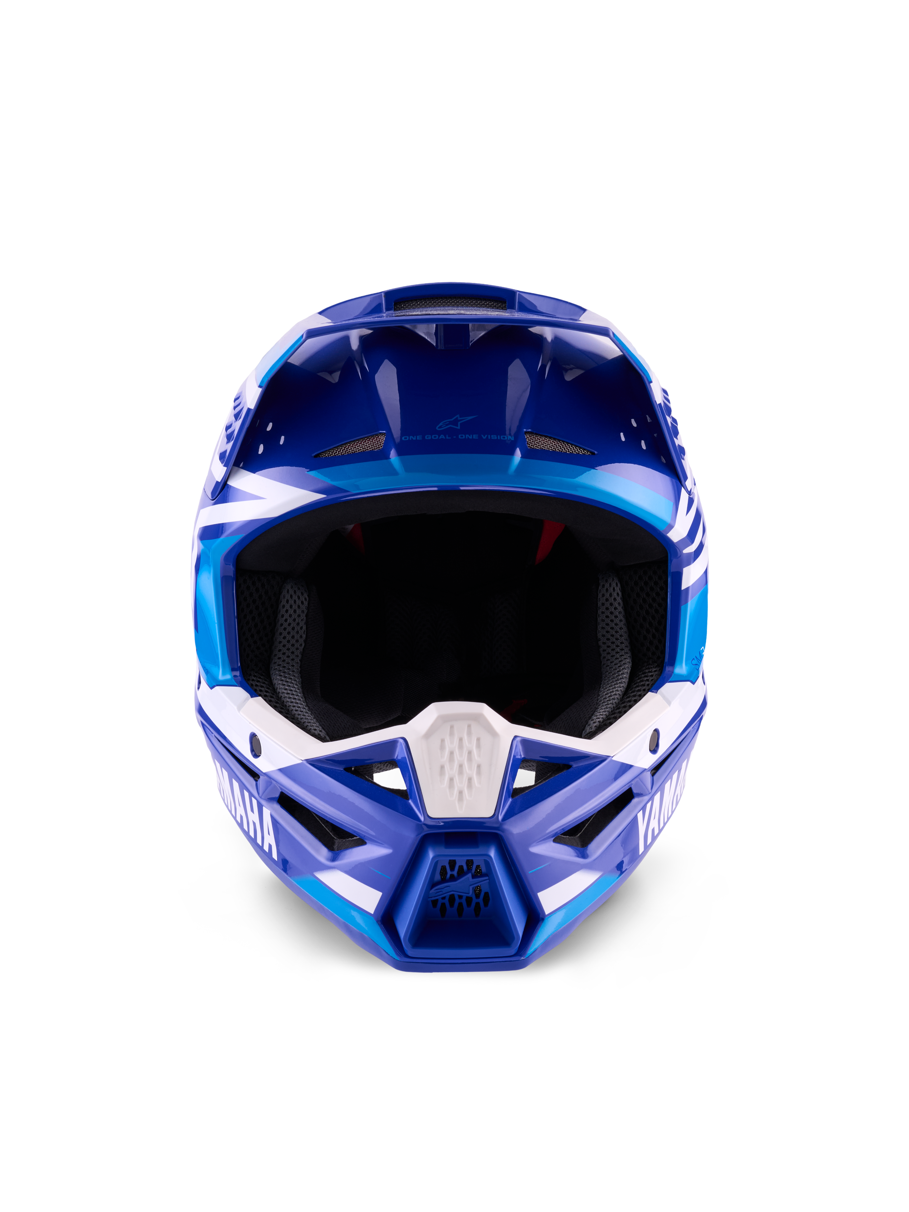 Yamaha S-M3 Helmet ECE 22.06, kask motocrossowy, niebiesko-biały z połyskiem, widok z przodu podkreślający ochronną szczękę z brandingiem Yamaha i licznymi otworami wentylacyjnymi